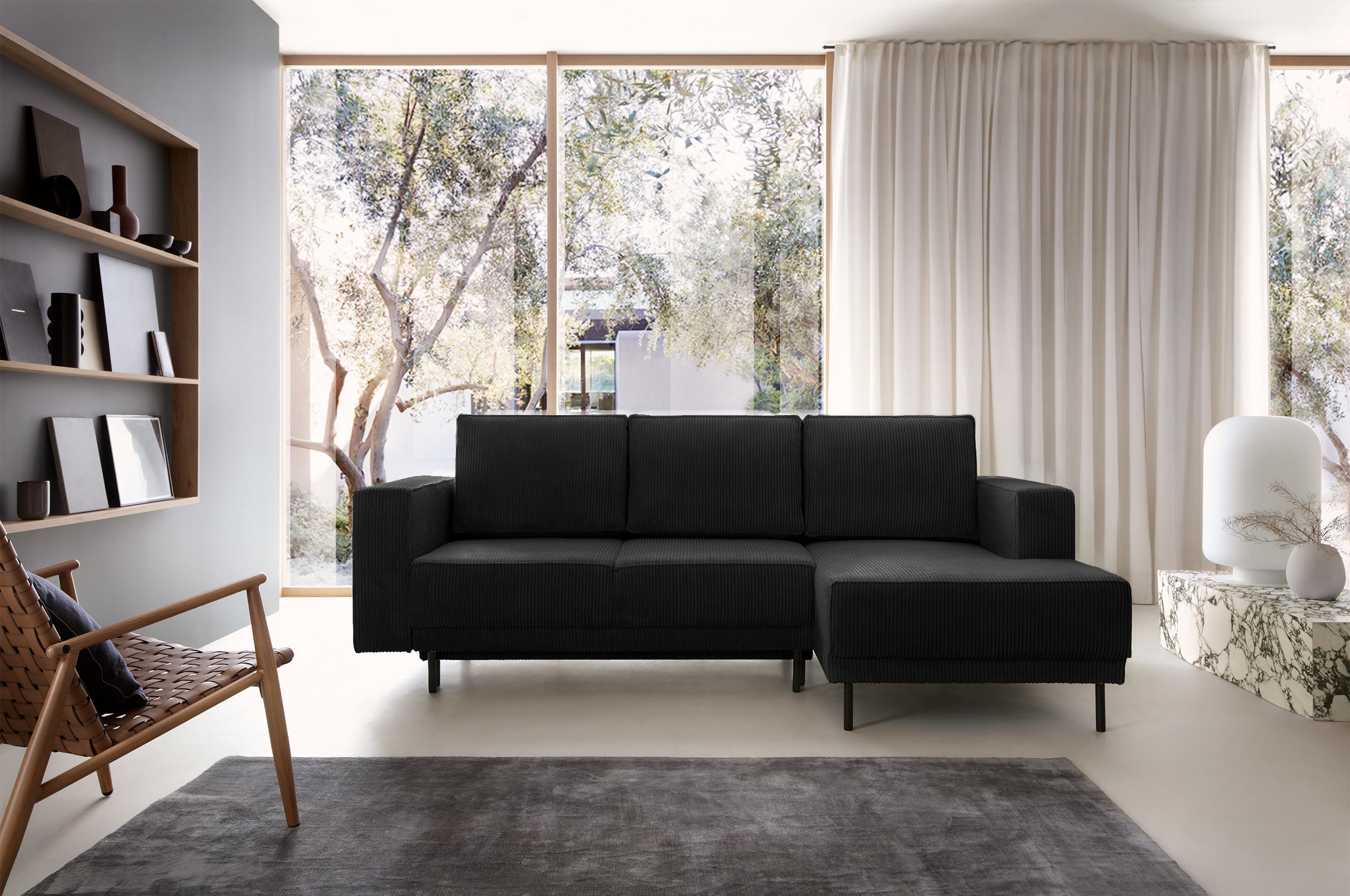 Ecksofa mit Schlaf funktion Rodario mini, L-förmig, mit Stauraum, schwarzer Cord, rechtsseitig