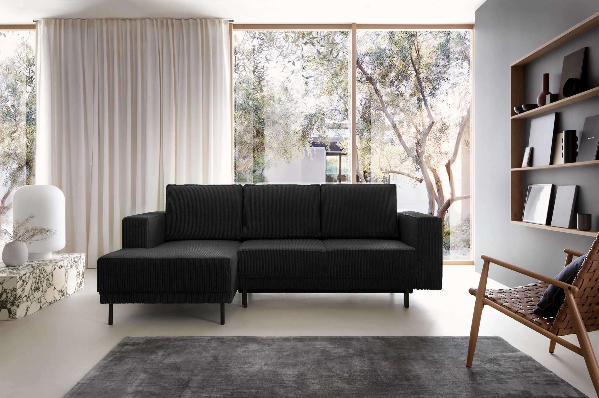 Ecksofa mit Schlaffunktion Rodario mini, L-förmig, mit Stauraum, schwarzer Cord, linksseitig