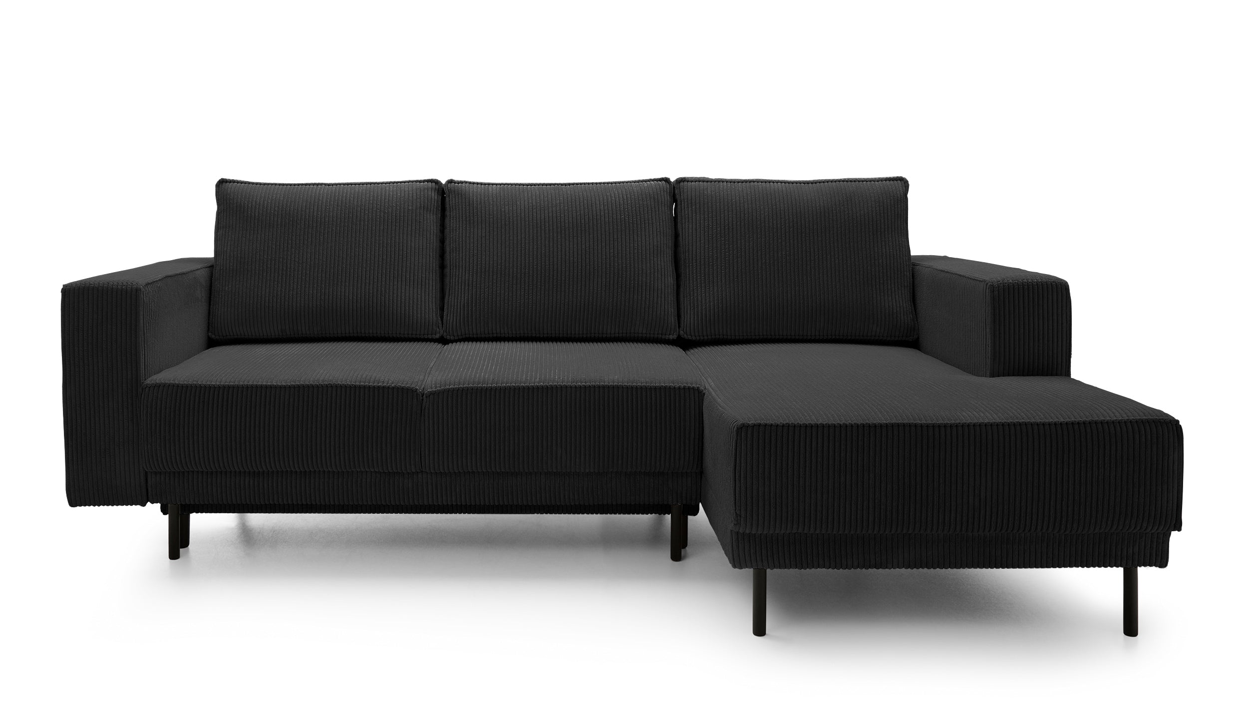Ecksofa mit Schlaf funktion Rodario mini, L-förmig, mit Stauraum, schwarzer Cord, rechtsseitig