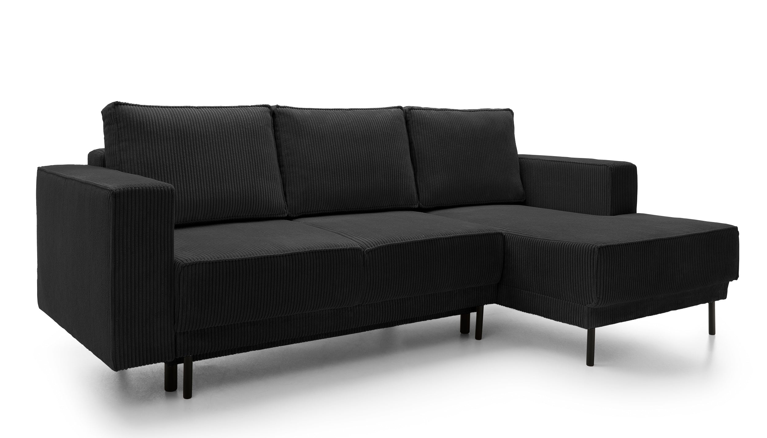 Ecksofa mit Schlaf funktion Rodario mini, L-förmig, mit Stauraum, schwarzer Cord, rechtsseitig