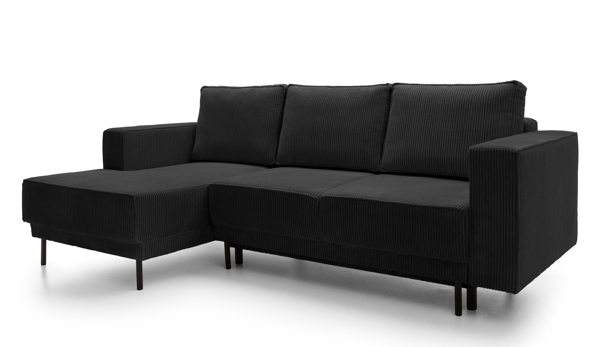 Ecksofa mit Schlaffunktion Rodario mini, L-förmig, mit Stauraum, schwarzer Cord, linksseitig