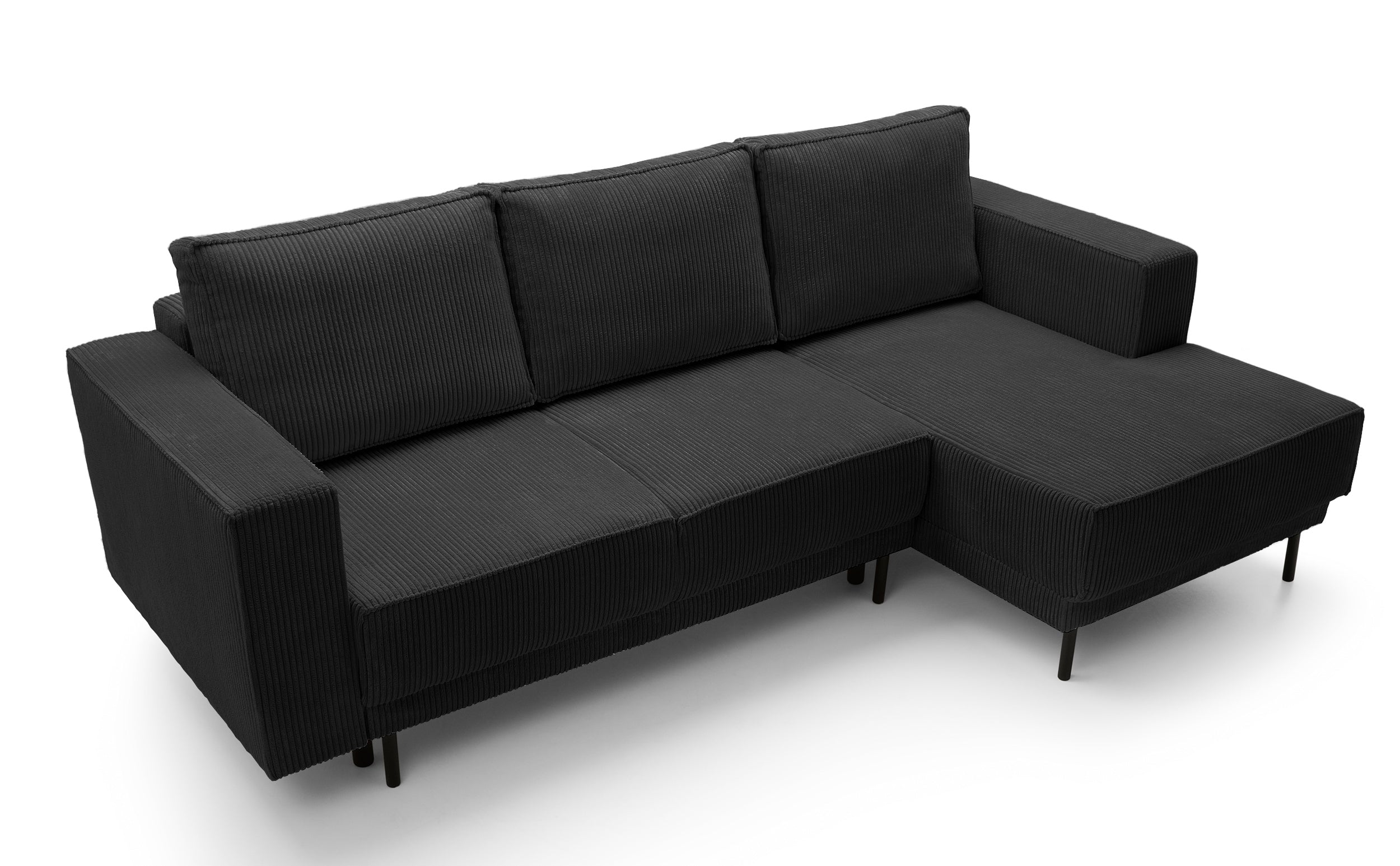 Ecksofa mit Schlaf funktion Rodario mini, L-förmig, mit Stauraum, schwarzer Cord, rechtsseitig