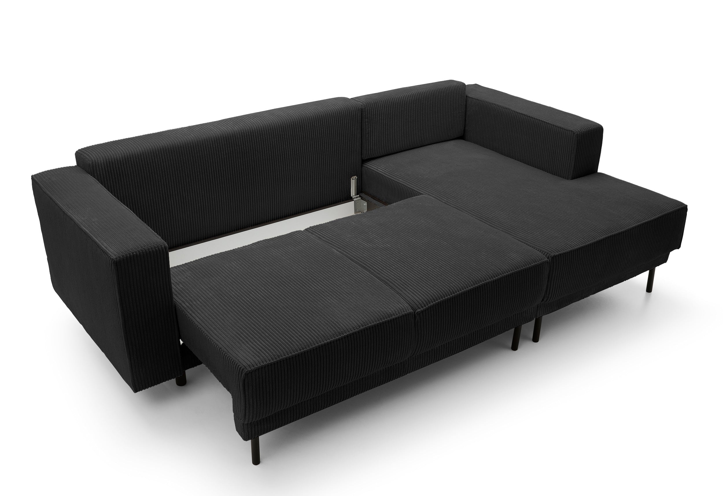 Ecksofa mit Schlaf funktion Rodario mini, L-förmig, mit Stauraum, schwarzer Cord, rechtsseitig