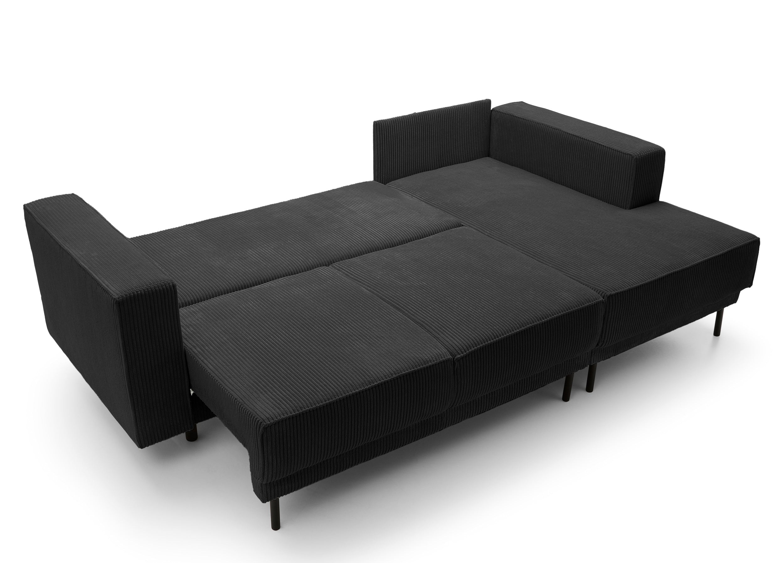 Ecksofa mit Schlaf funktion Rodario mini, L-förmig, mit Stauraum, schwarzer Cord, rechtsseitig