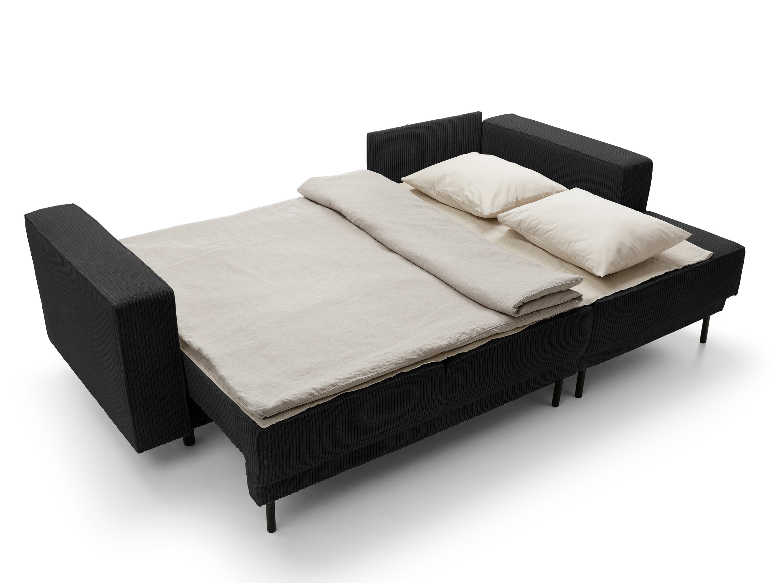 Ecksofa mit Schlaf funktion Rodario mini, L-förmig, mit Stauraum, schwarzer Cord, rechtsseitig