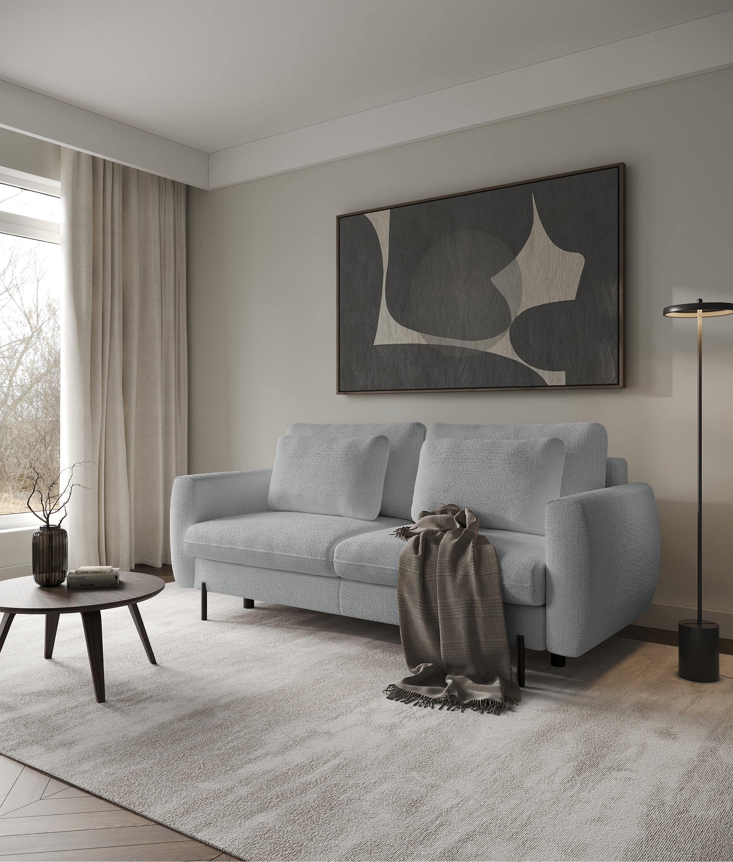 Dreisitziges ausklappbares Sofa Rane mit Stauraum, grauer hydrophober Chenille-Stoff