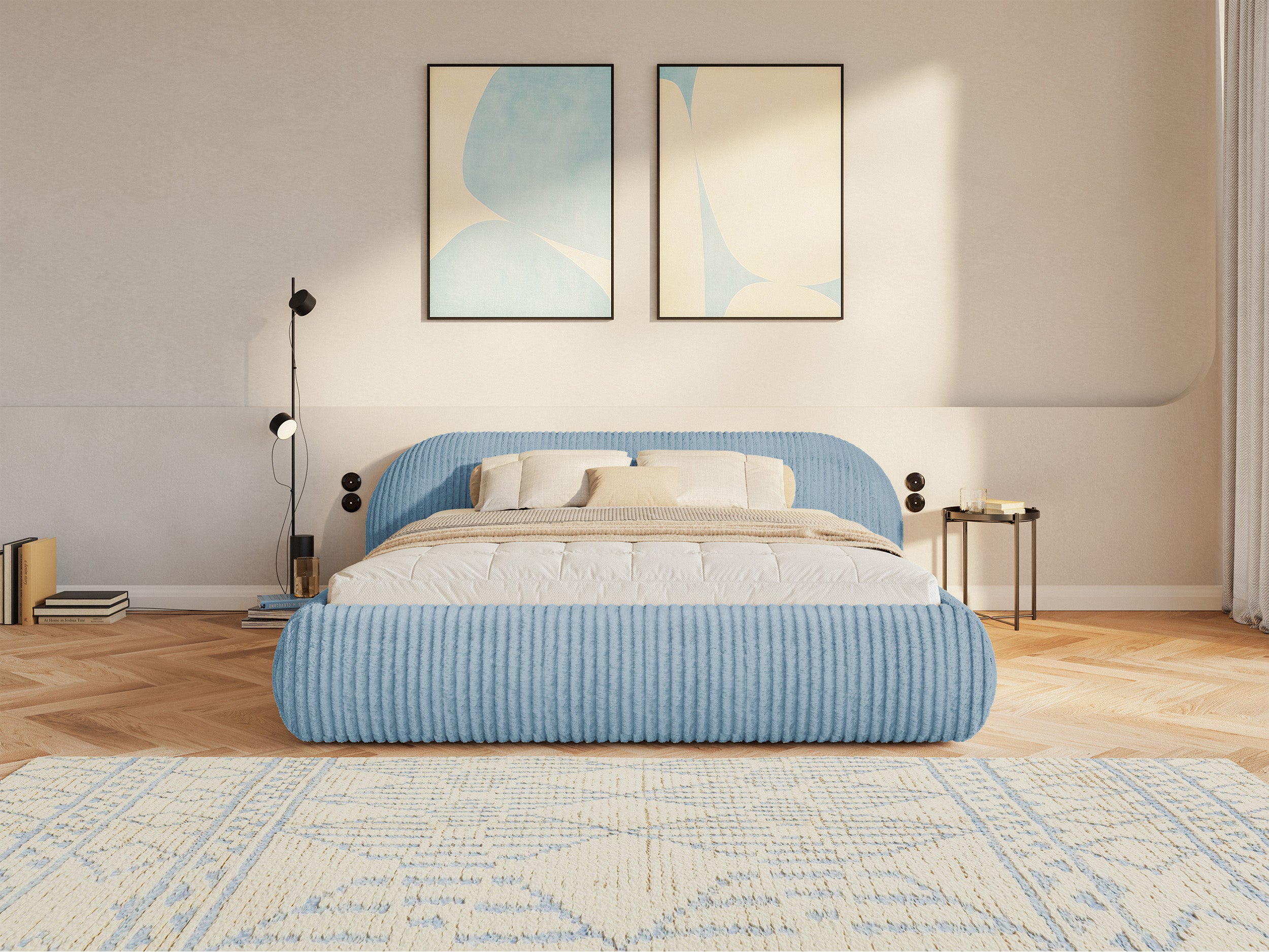 Polstermöbelbett 140x200 cm Shels Low mit Stauraum, Metallrahmen, dicke blaue Cordstruktur