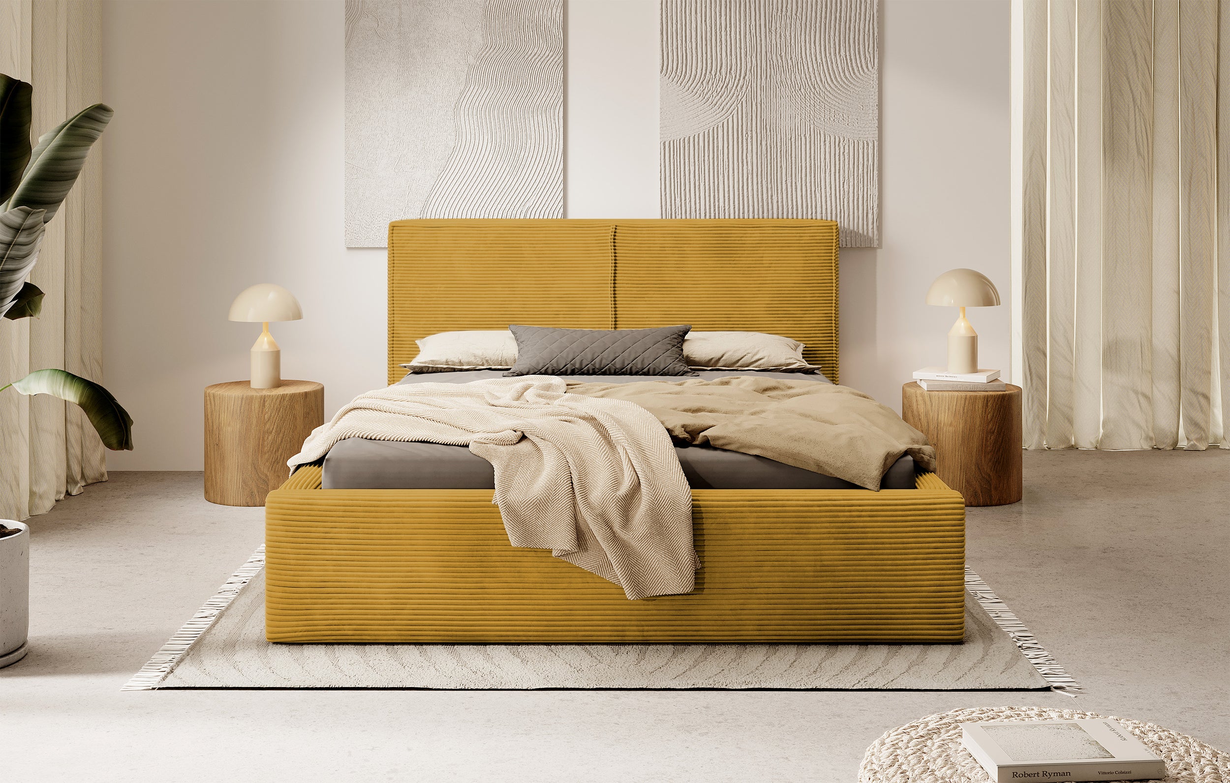 Gepolstertes Bett 160x200 cm Farese mit Stauraum und Gasdruckfeder, senfgelb Cord