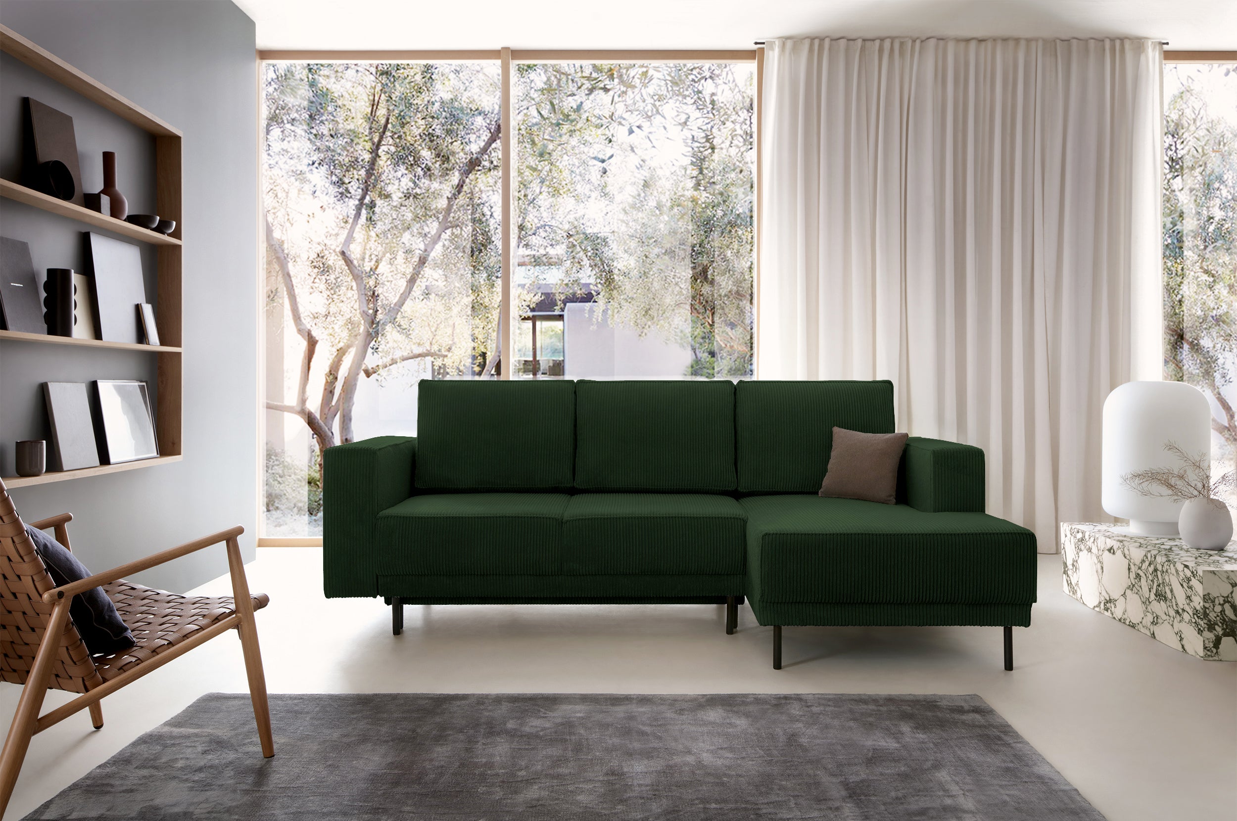 Ecksofa mit Schlaffunktion Rodario Mini, L-förmig, mit Stauraum, dunkelgrüner Cord, rechtsseitig