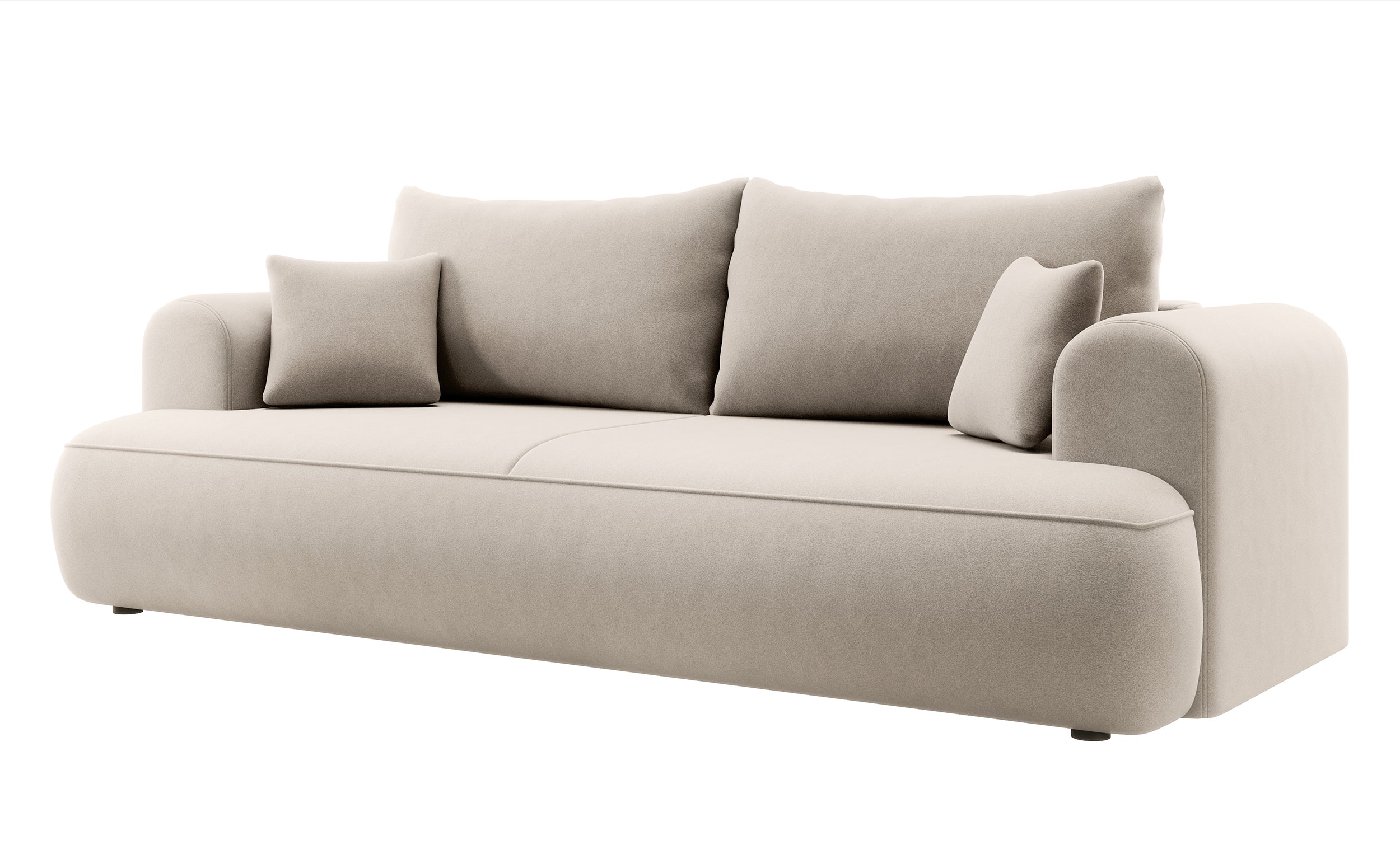 Dreisitziges ausklappbares Sofa Ovo mit Stauraum, hellbeiger Velours aus leicht zu reinigendem Stoff