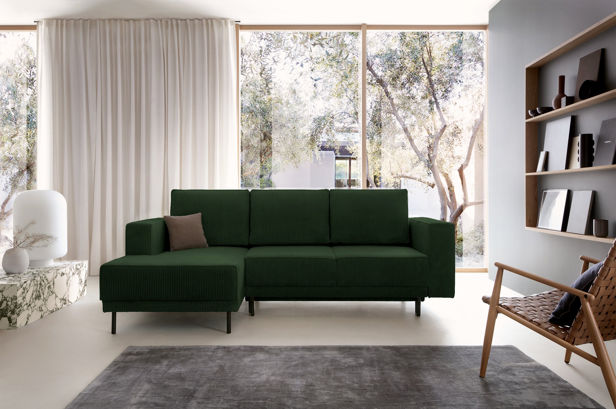 Ecksofa mit Schlaffunktion Rodario Mini, L-förmig, mit Stauraum, dunkelgrüner Cord, linksseitig