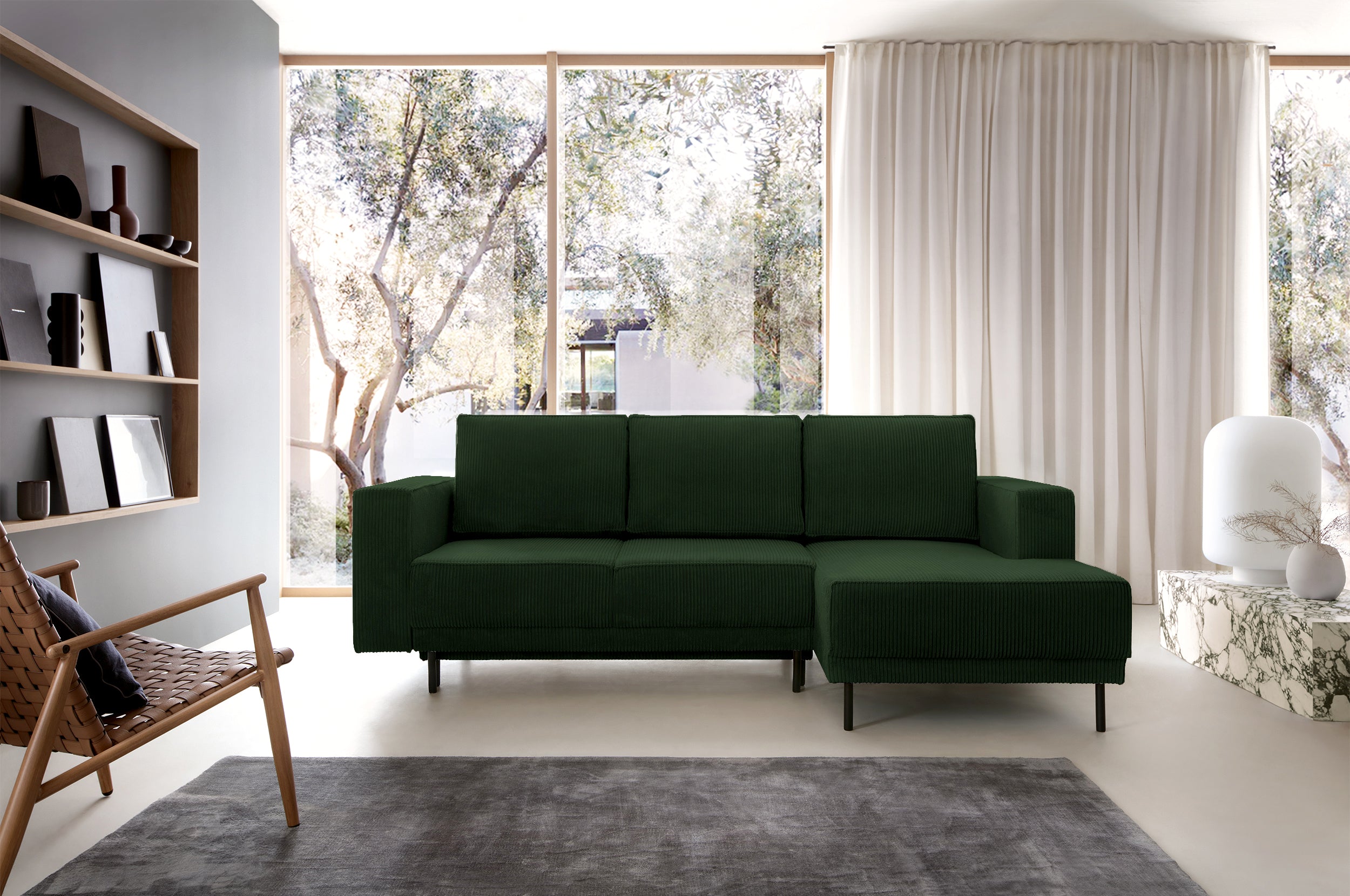 Ecksofa mit Schlaffunktion Rodario Mini, L-förmig, mit Stauraum, dunkelgrüner Cord, rechtsseitig