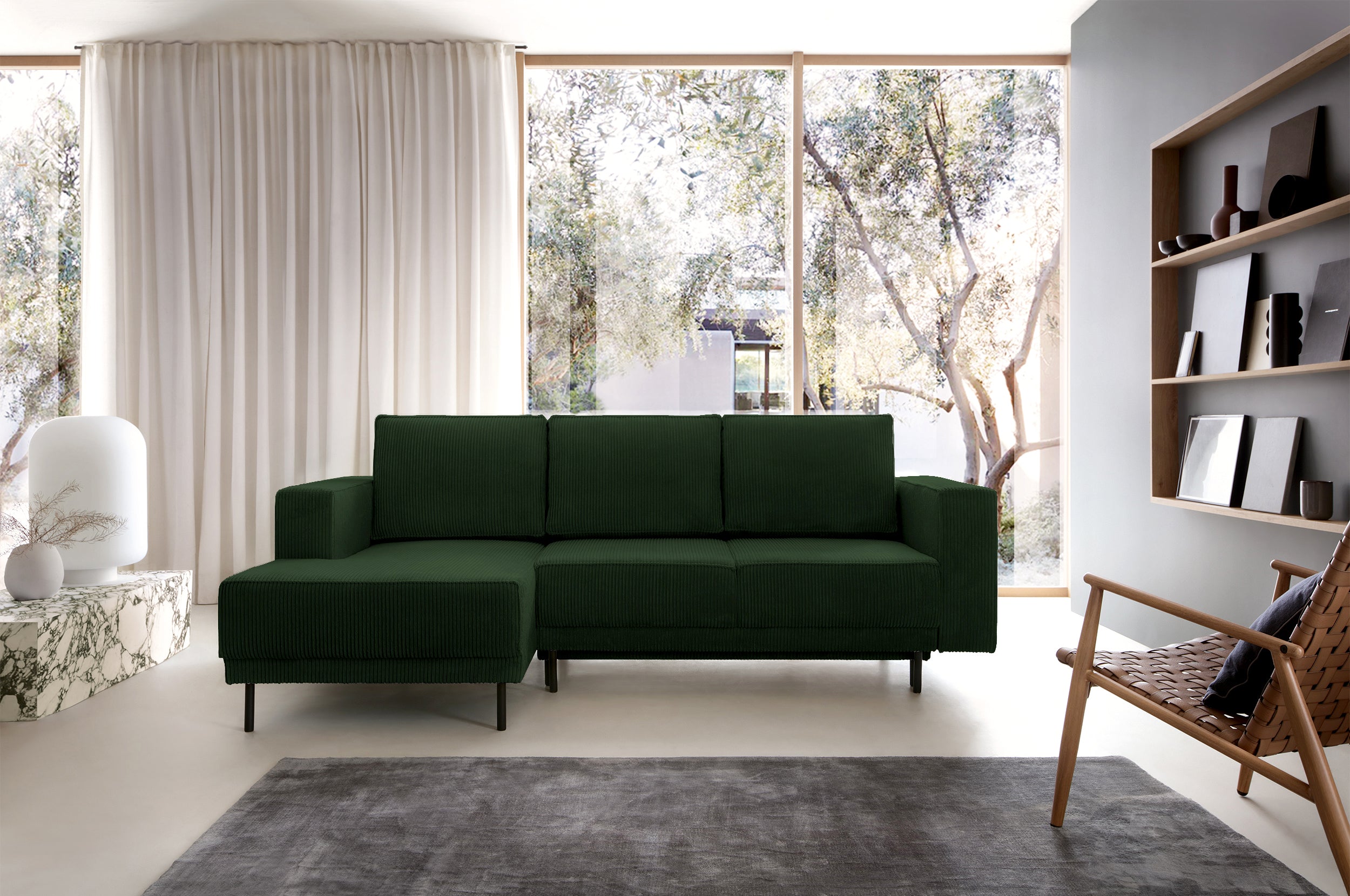 Ecksofa mit Schlaffunktion Rodario Mini, L-förmig, mit Stauraum, dunkelgrüner Cord, linksseitig