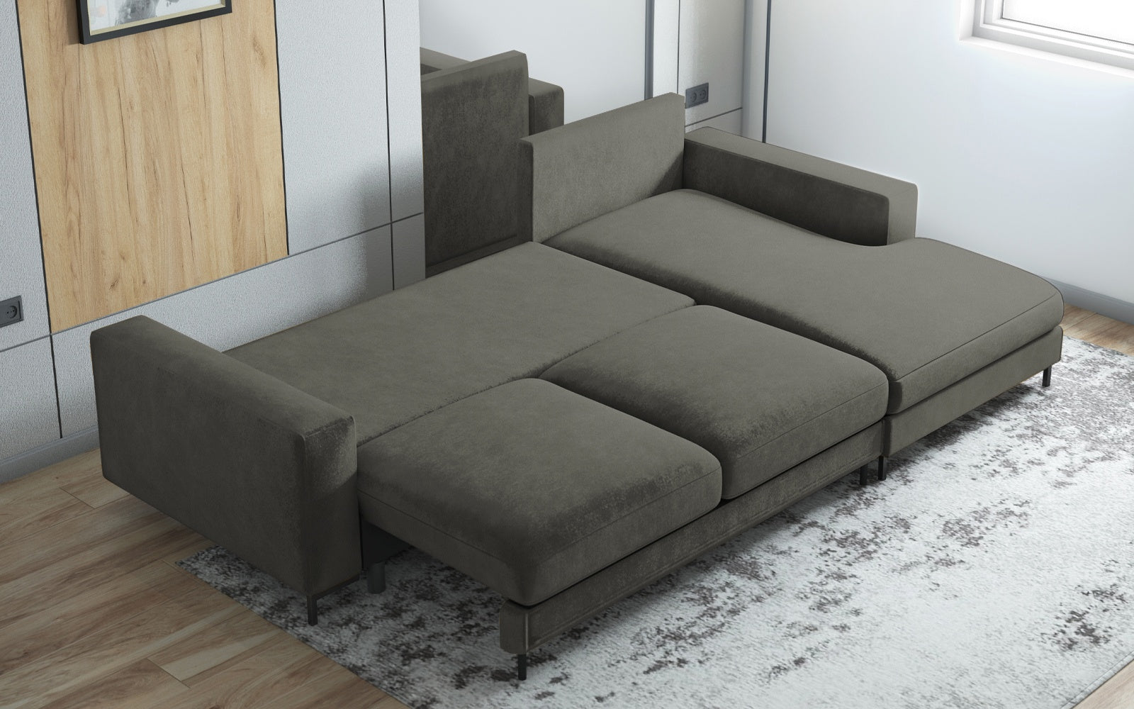 Ecksofa mit Schlaffunktion Mokpeo, L-förmig, mit zwei Stauraumfächern, auf schwarzen Füßen, grün, aus pflegeleichtem Stoff, rechtsseitig