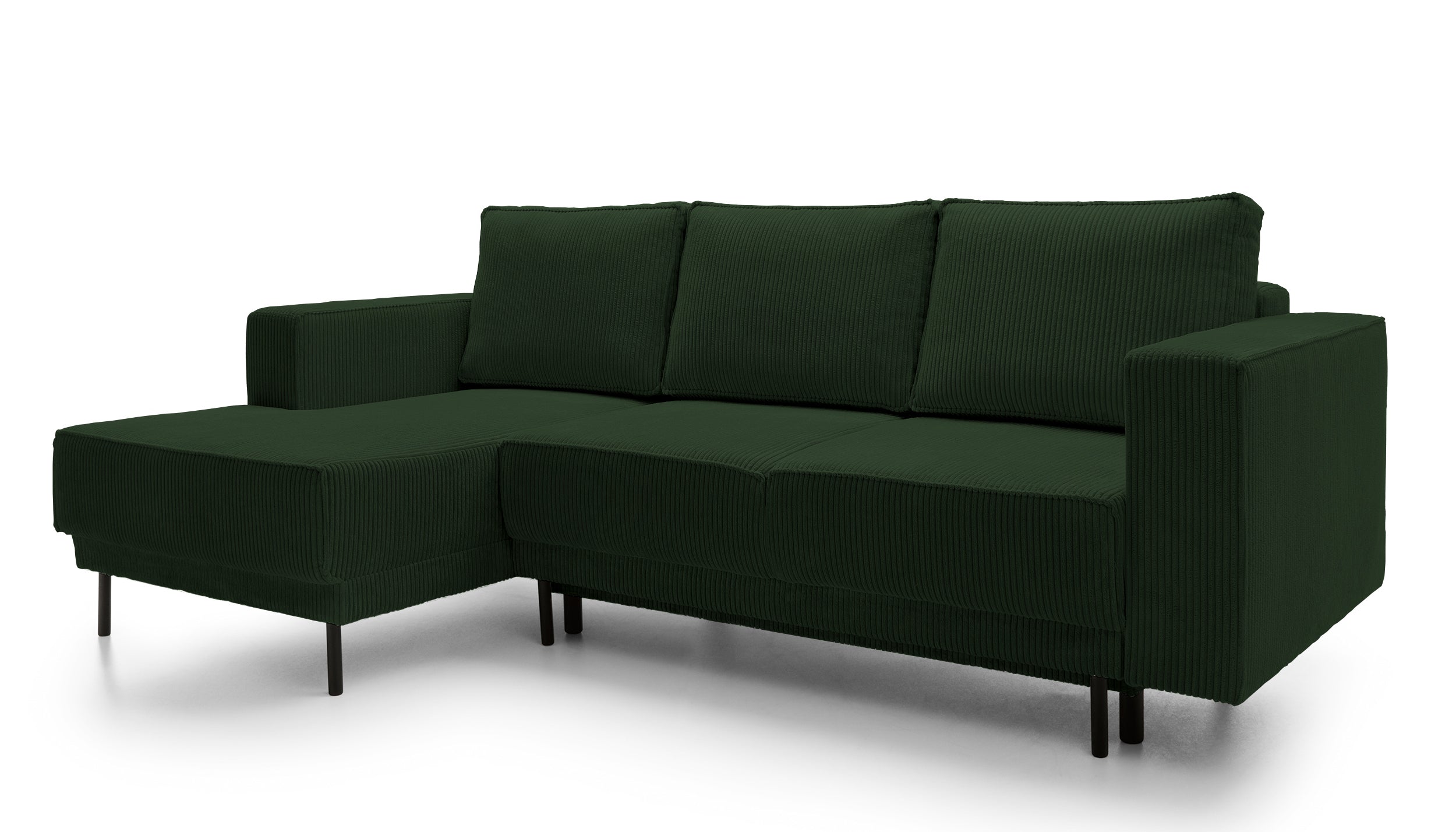 Ecksofa mit Schlaffunktion Rodario Mini, L-förmig, mit Stauraum, dunkelgrüner Cord, linksseitig