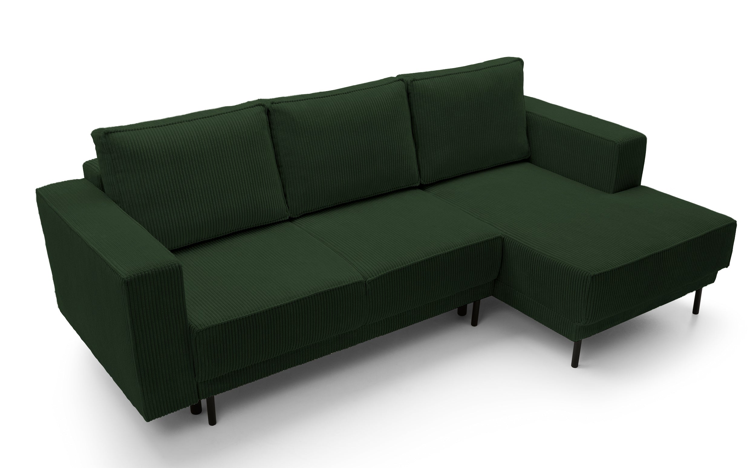 Ecksofa mit Schlaffunktion Rodario Mini, L-förmig, mit Stauraum, dunkelgrüner Cord, rechtsseitig