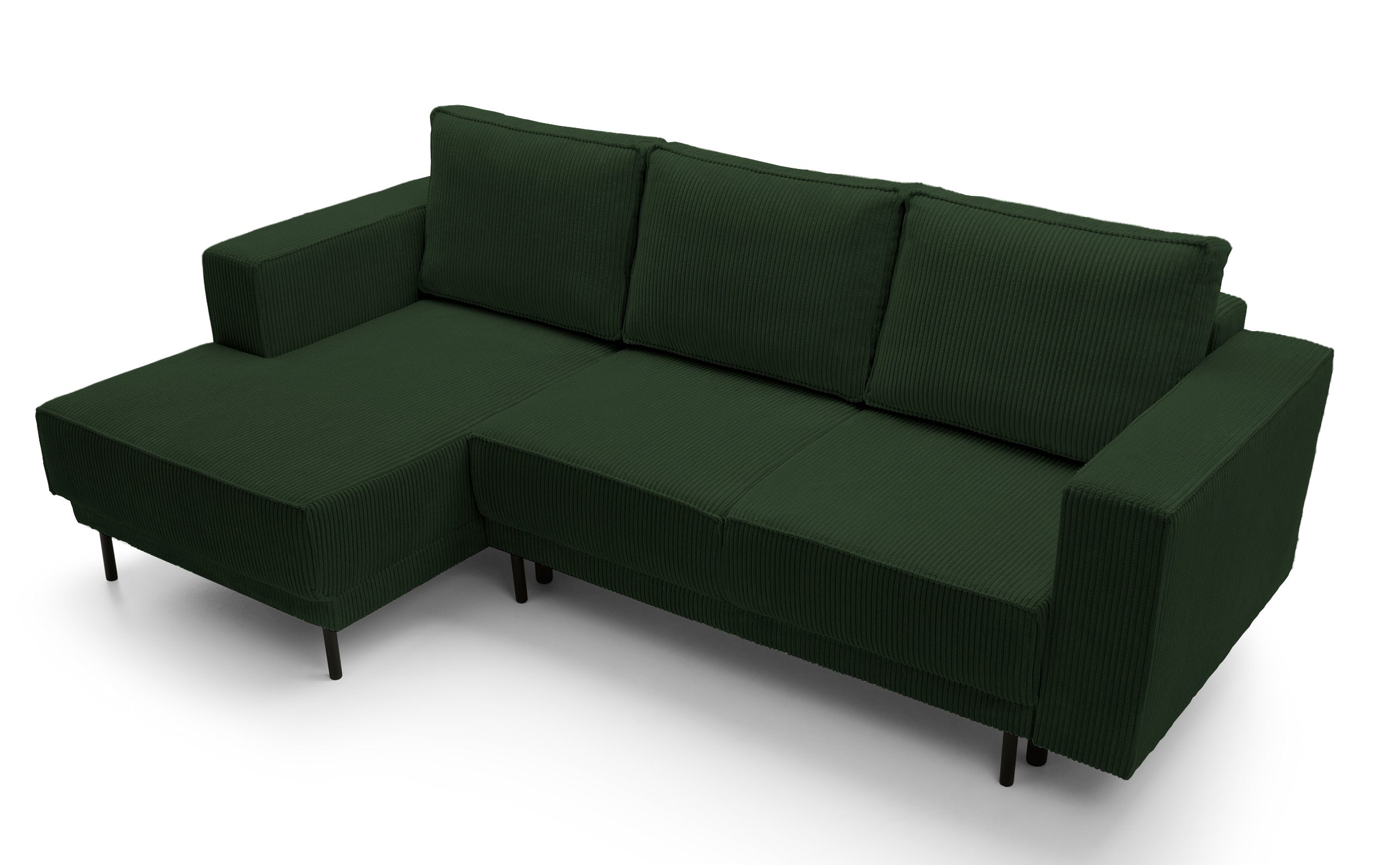 Ecksofa mit Schlaffunktion Rodario Mini, L-förmig, mit Stauraum, dunkelgrüner Cord, linksseitig
