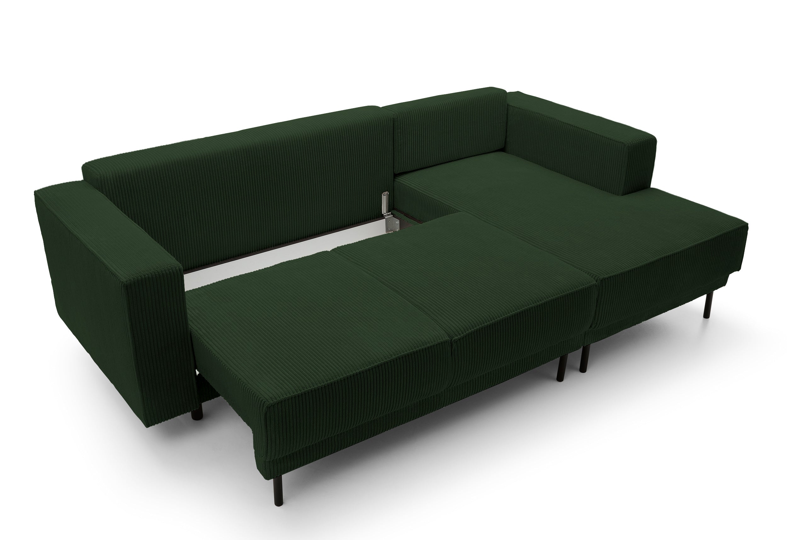 Ecksofa mit Schlaffunktion Rodario Mini, L-förmig, mit Stauraum, dunkelgrüner Cord, rechtsseitig