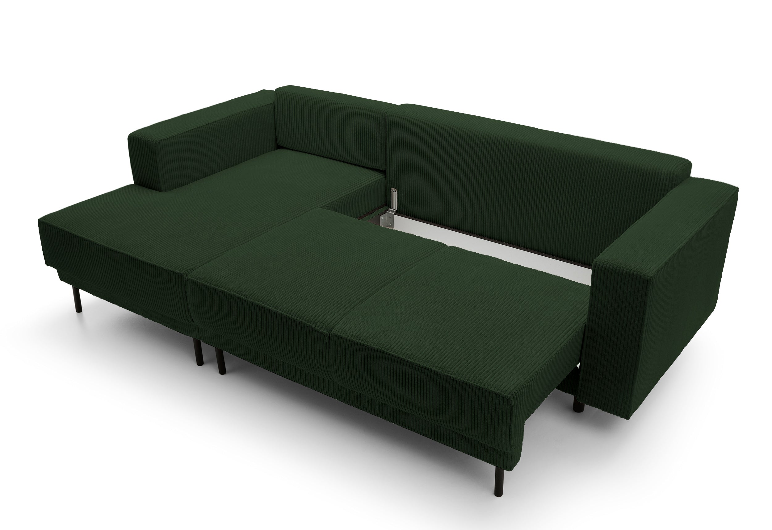 Ecksofa mit Schlaffunktion Rodario Mini, L-förmig, mit Stauraum, dunkelgrüner Cord, linksseitig