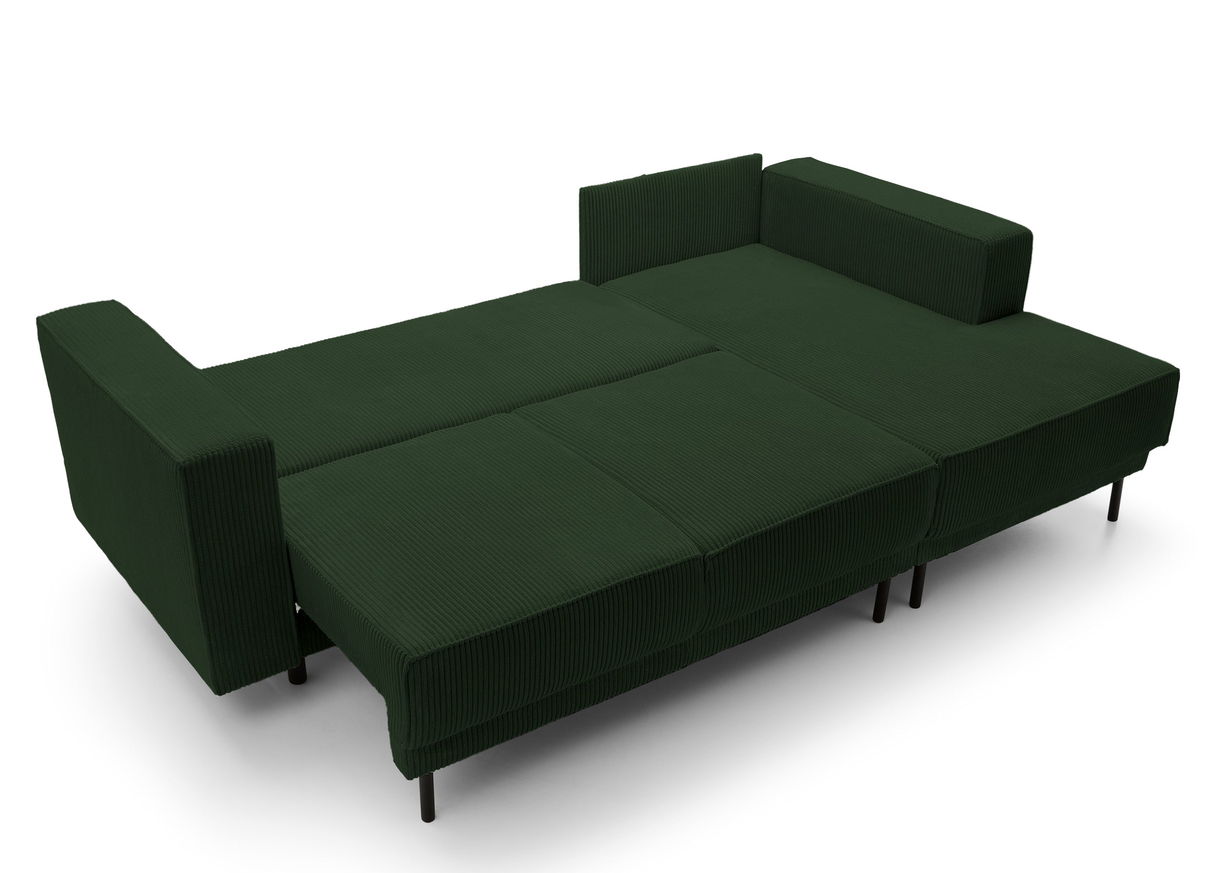 Ecksofa mit Schlaffunktion Rodario Mini, L-förmig, mit Stauraum, dunkelgrüner Cord, rechtsseitig