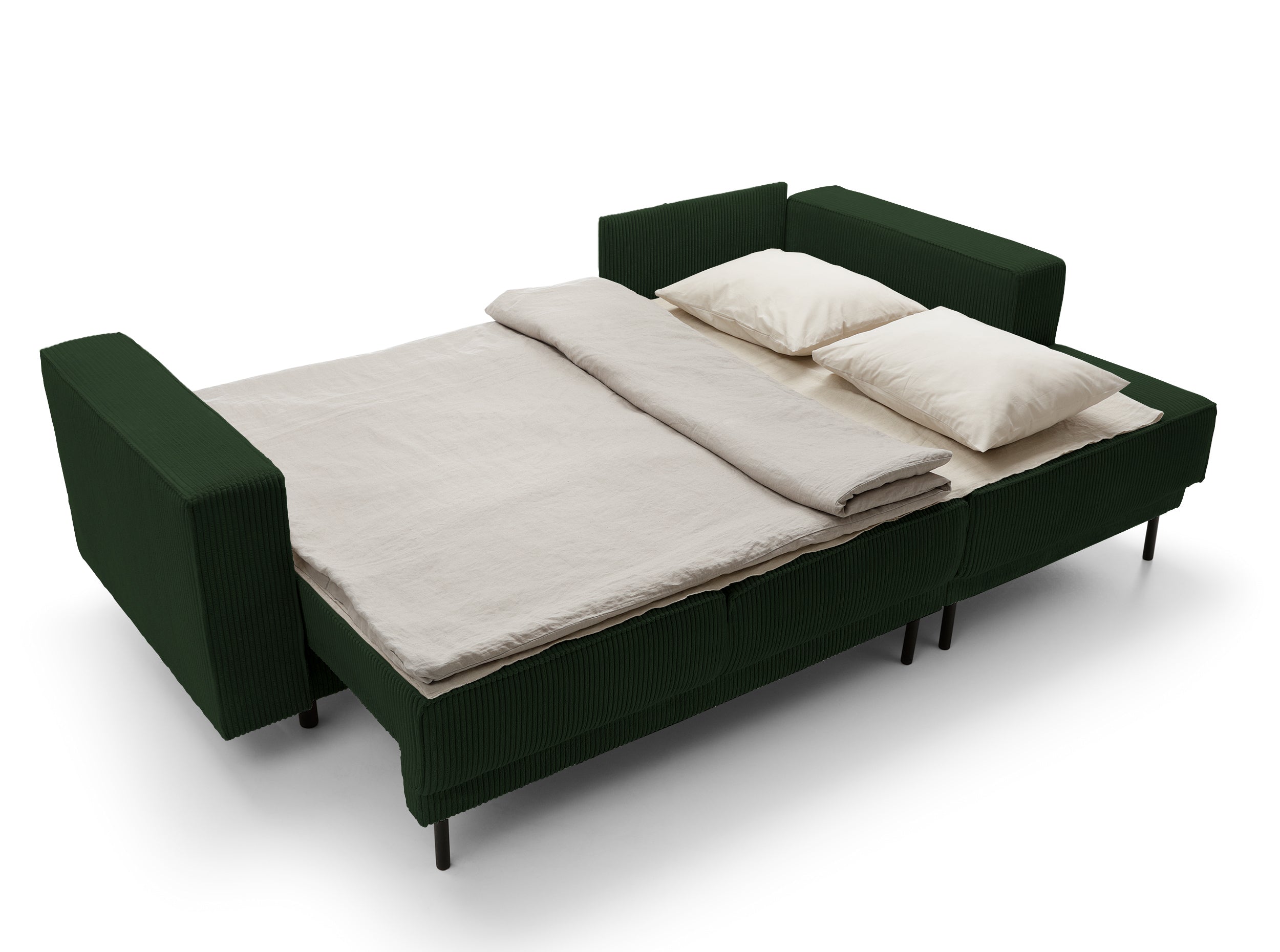 Ecksofa mit Schlaffunktion Rodario Mini, L-förmig, mit Stauraum, dunkelgrüner Cord, rechtsseitig