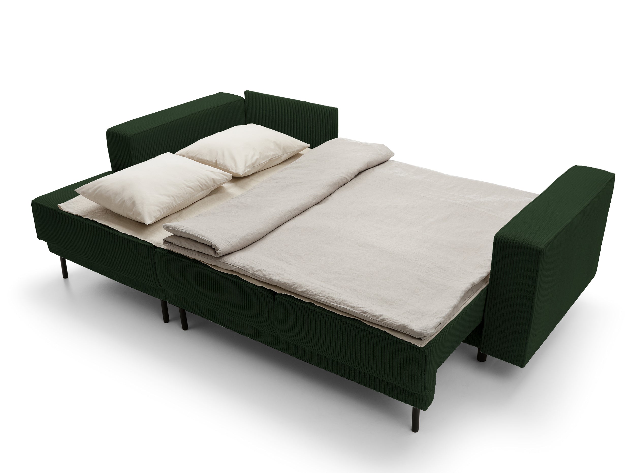 Ecksofa mit Schlaffunktion Rodario Mini, L-förmig, mit Stauraum, dunkelgrüner Cord, linksseitig