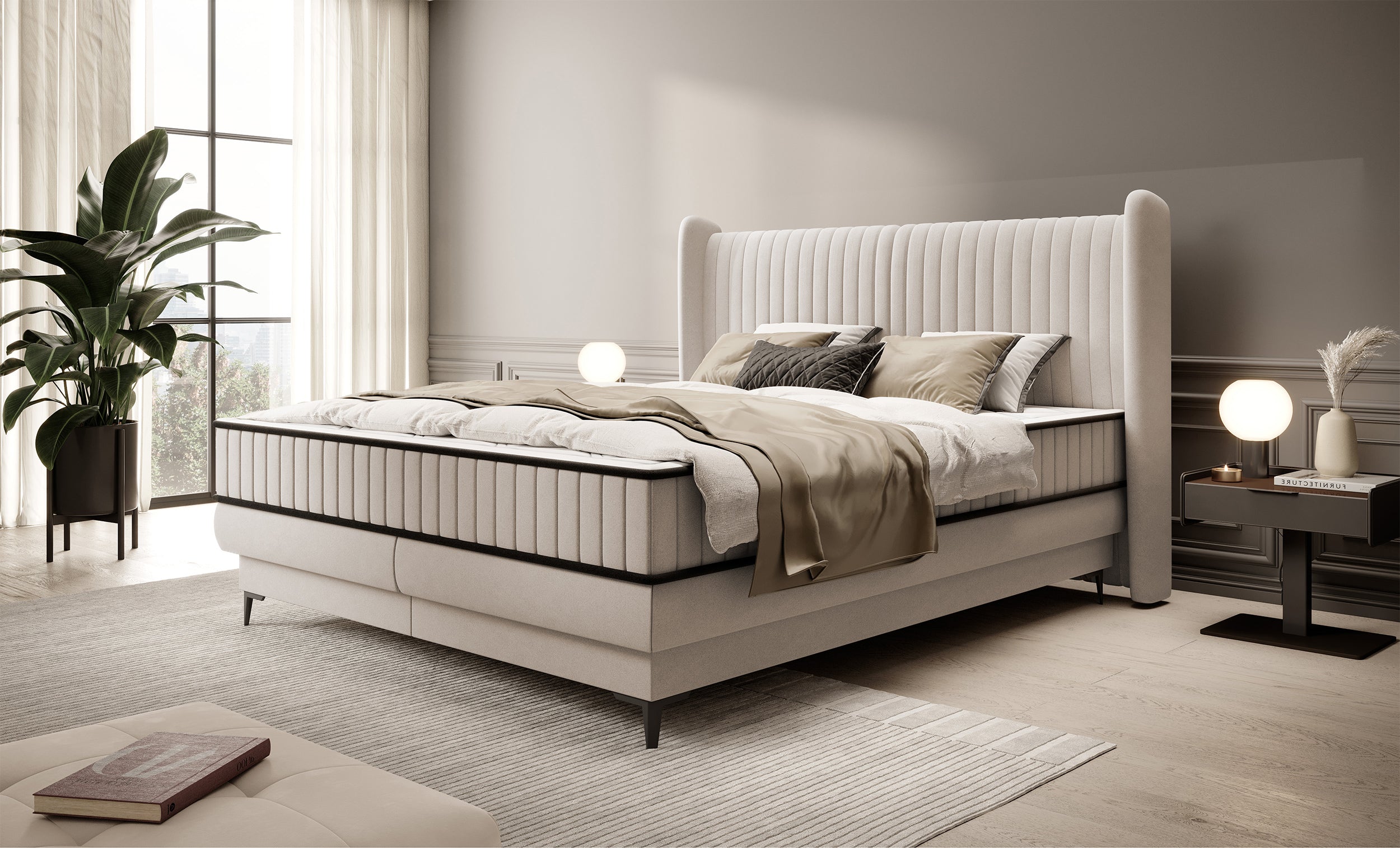 Kontinentalbett 160x200 cm Daliano mit Stauraum, beige Samt