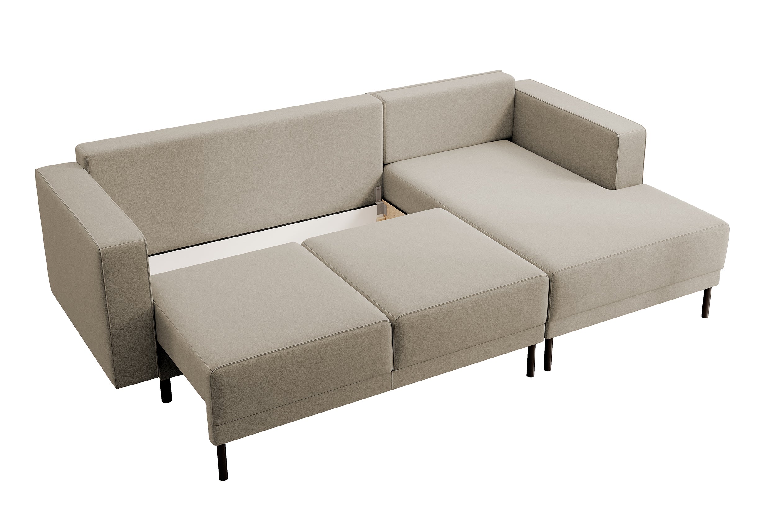 Ecksofa mit Schlaffunktion Rodario mini, L-förmig, mit Stauraum, beige, Velours, pflegeleicht, rechtsseitig