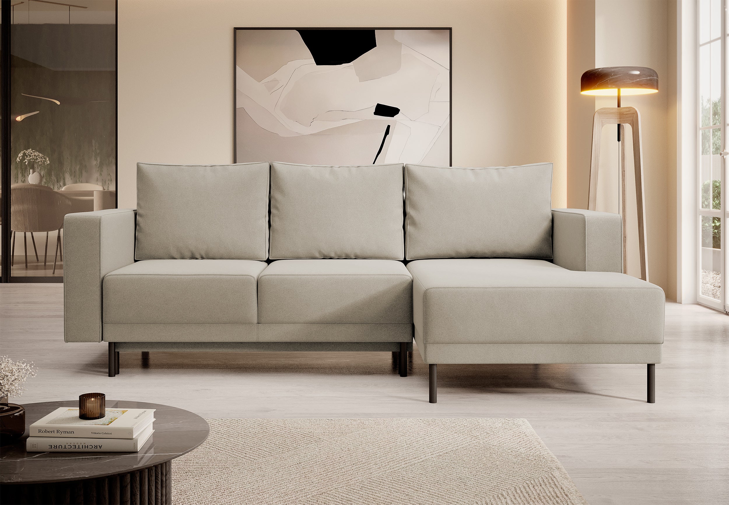 Ecksofa mit Schlaffunktion Rodario mini, L-förmig, mit Stauraum, beige, Velours, pflegeleicht, rechtsseitig