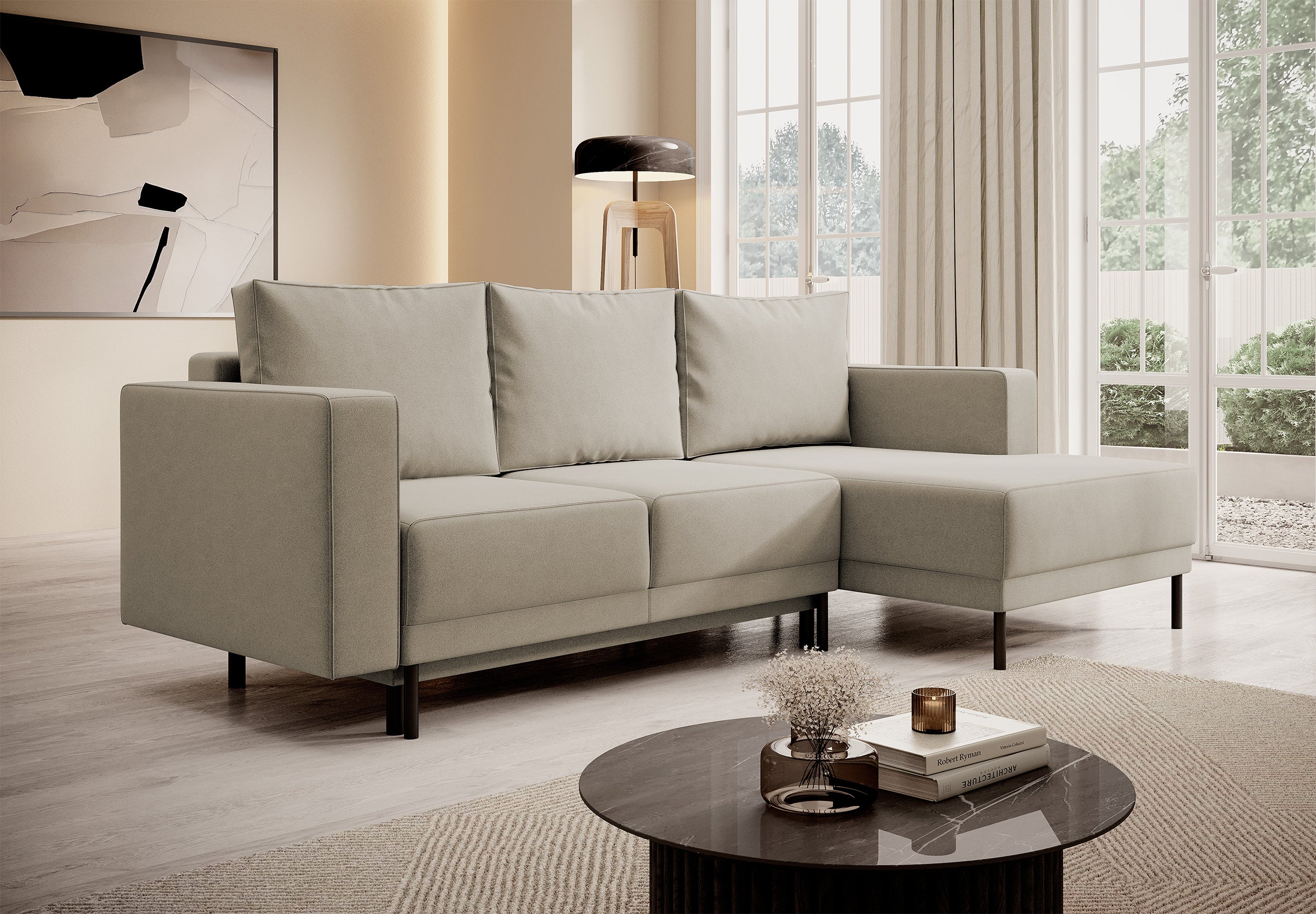 Ecksofa mit Schlaffunktion Rodario mini, L-förmig, mit Stauraum, beige, Velours, pflegeleicht, rechtsseitig