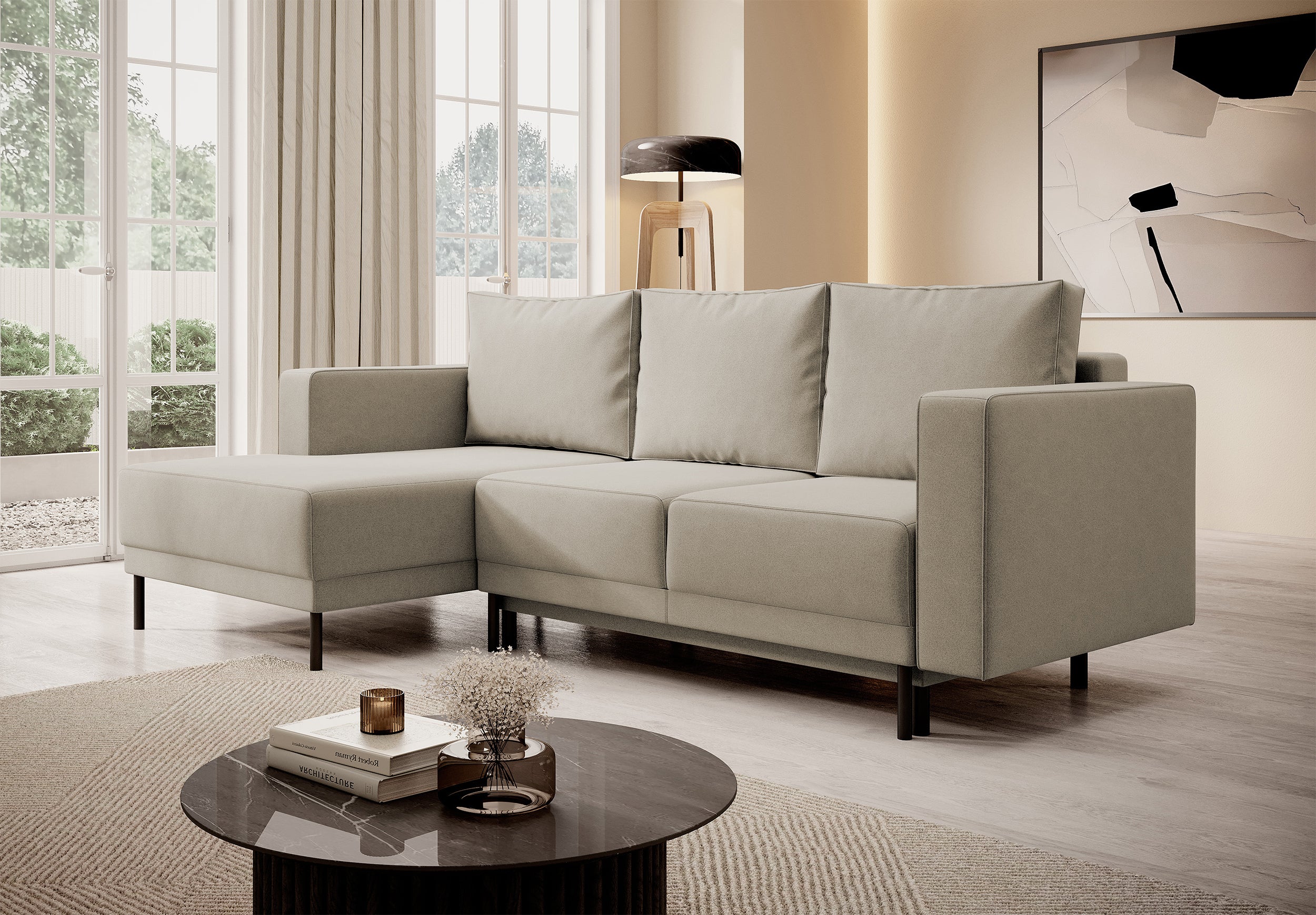Ecksofa mit Schlaffunktion Rodario Mini, L-förmig, mit Stauraum, beige, samt, leicht zu reinigen, linksseitig