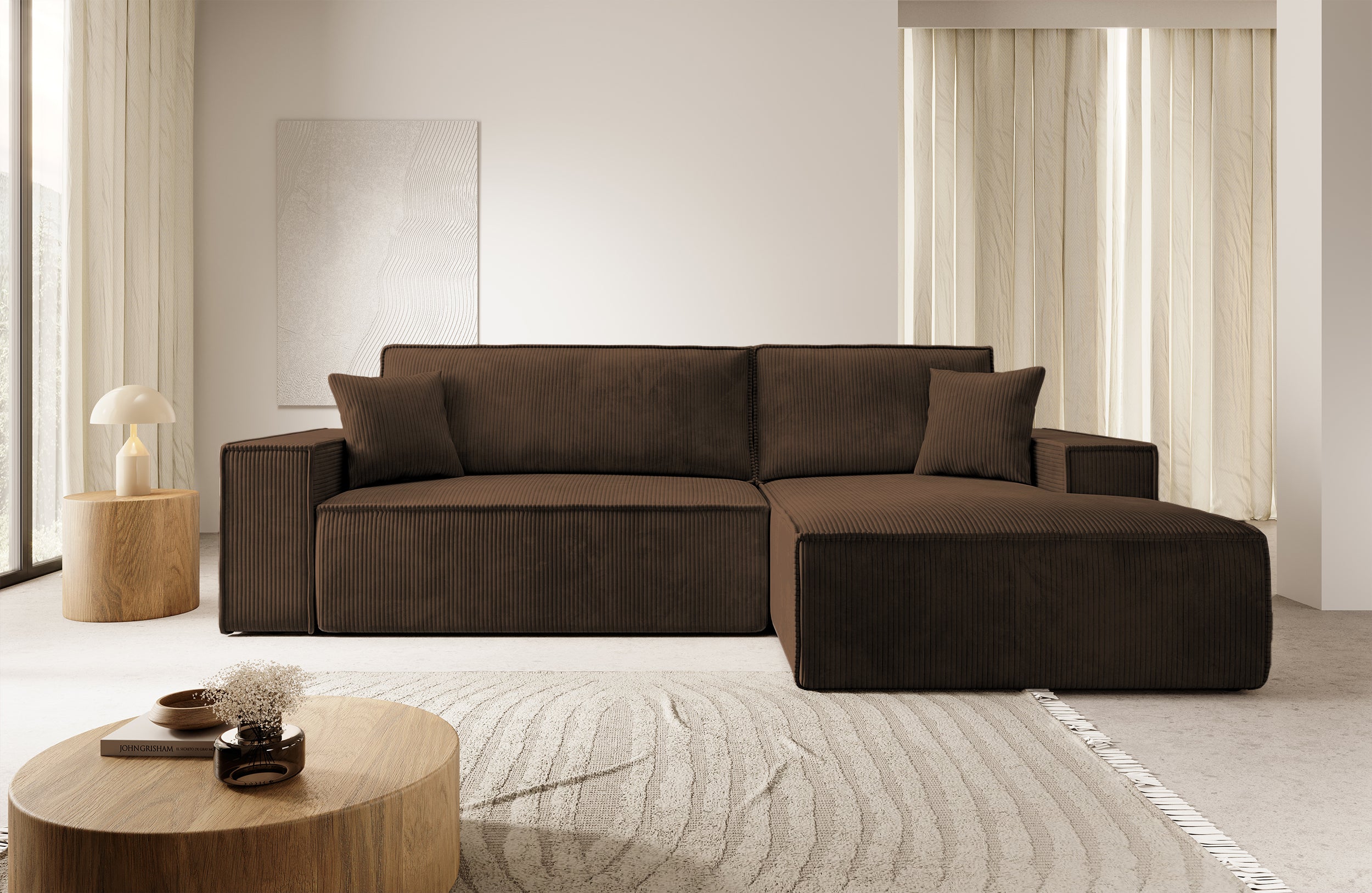 Ecksofa mit Schlaffunktion Farese New, L-förmig, mit Stauraum, brauner Cordstoff, rechtsseitig