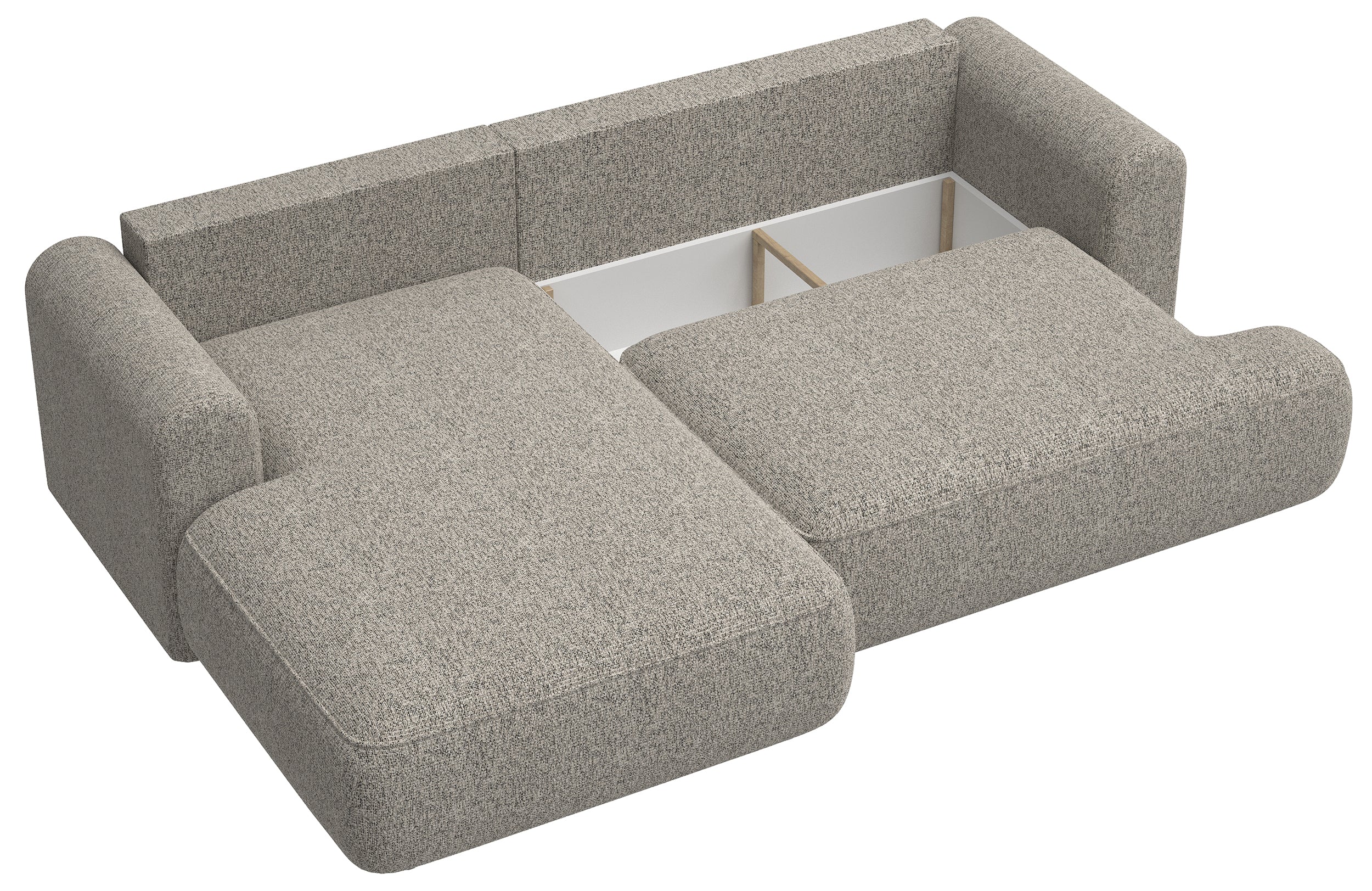 Ecksofa mit Schlaffunktion Ovo, L-förmig, dunkelbeige Flechtoptik, linksseitig