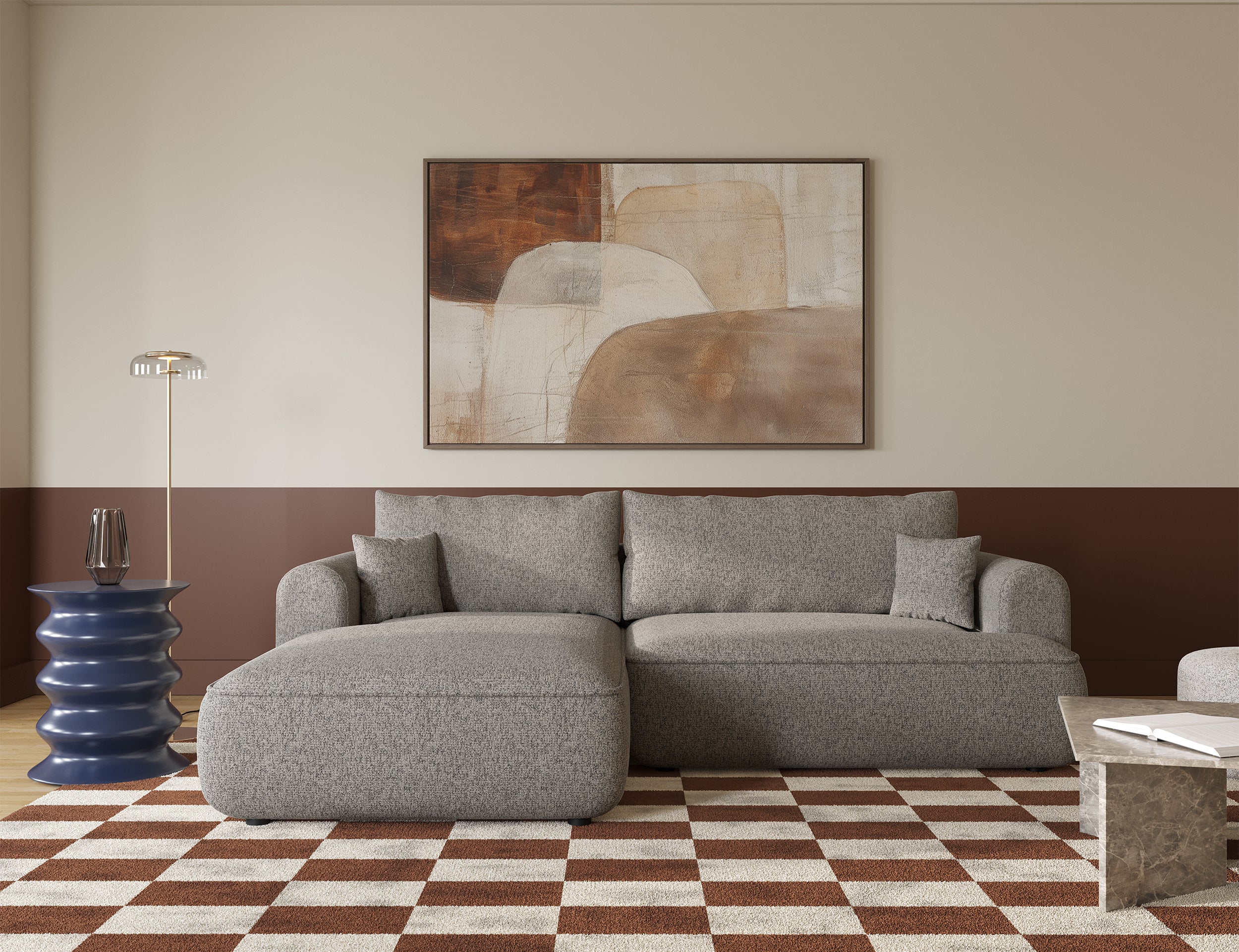 Ecksofa mit Schlaffunktion Ovo, L-förmig, dunkelbeige Flechtoptik, linksseitig
