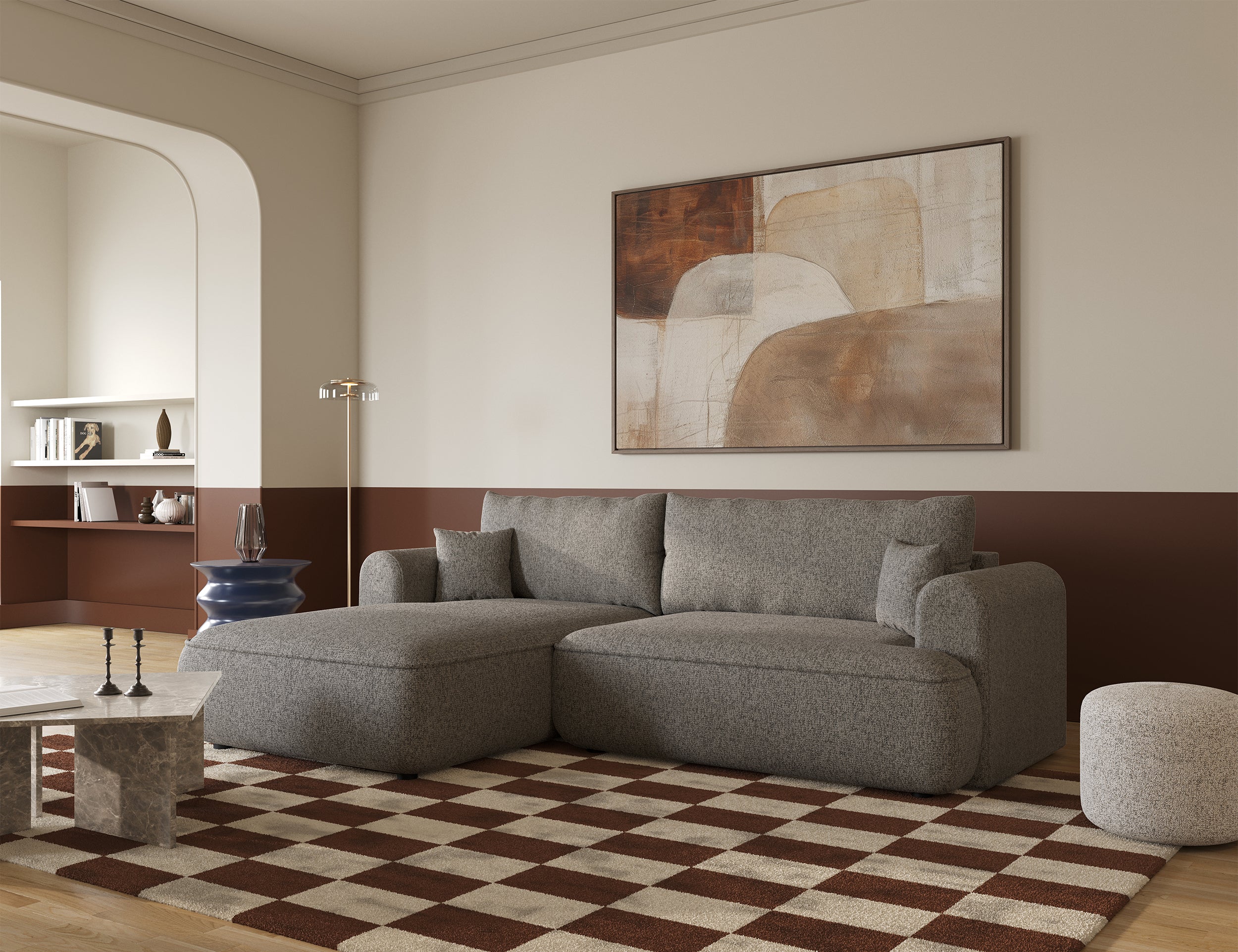 Ecksofa mit Schlaffunktion Ovo, L-förmig, dunkelbeige Flechtoptik, linksseitig