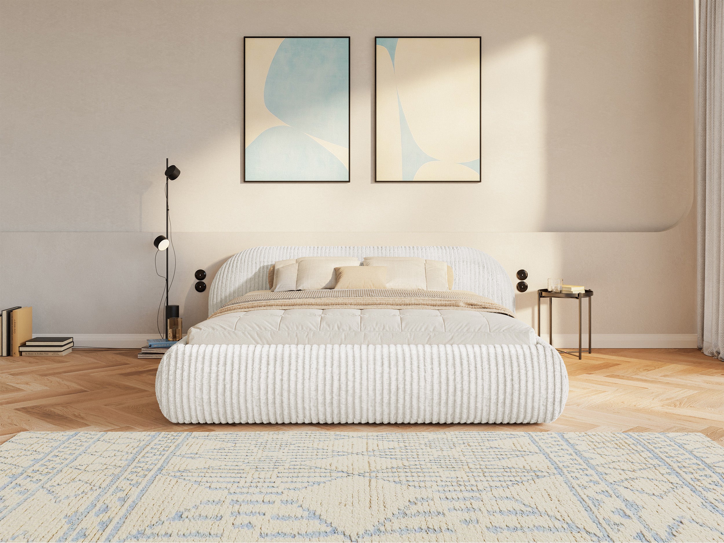 Polsterbett 140x200 cm Shels Low hellgrau, grober Cordstoff
