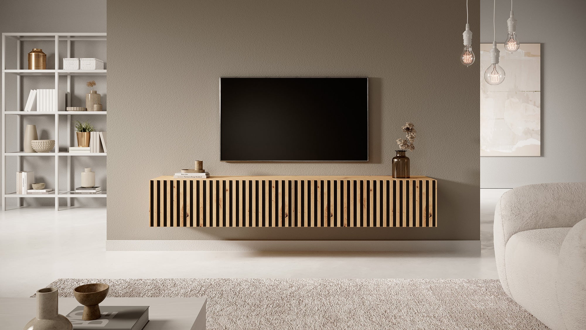 TV-Schrank Telire 175 cm Artisan-Eiche Lamellen mit schwarzen Einsätzen