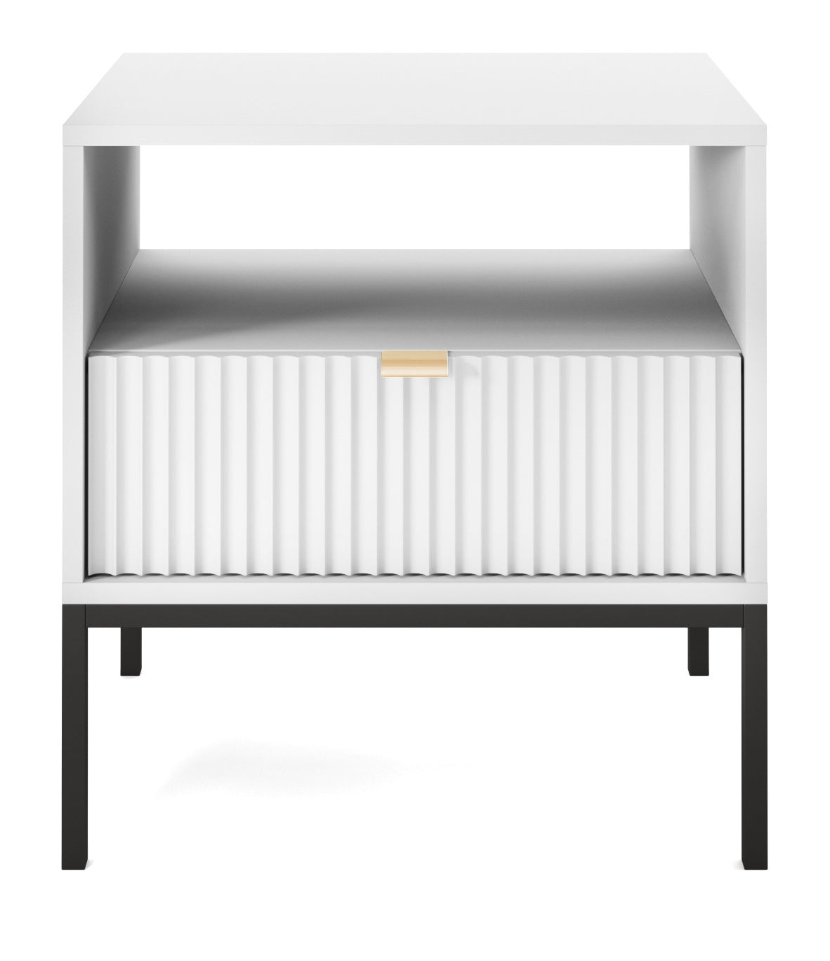 Nachttisch Vellore 54 cm weiß mit geriffelter Front und goldenem Griff