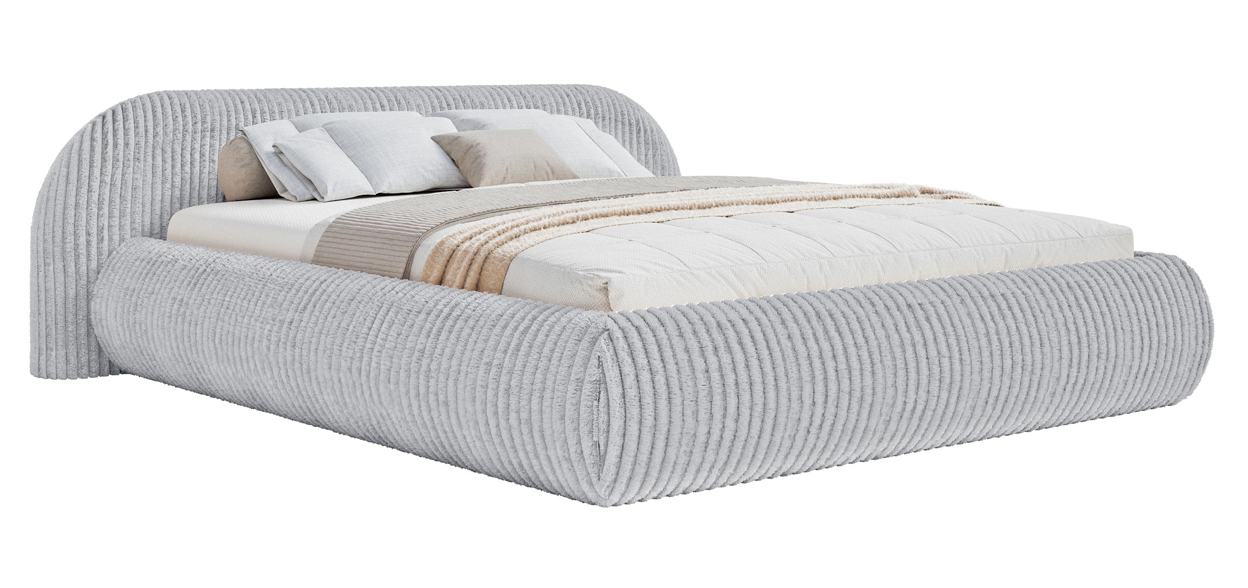 Polsterbett 140x200 cm Shels Low mit Stauraum, Metallrahmen, grauer dicker Cordstoff