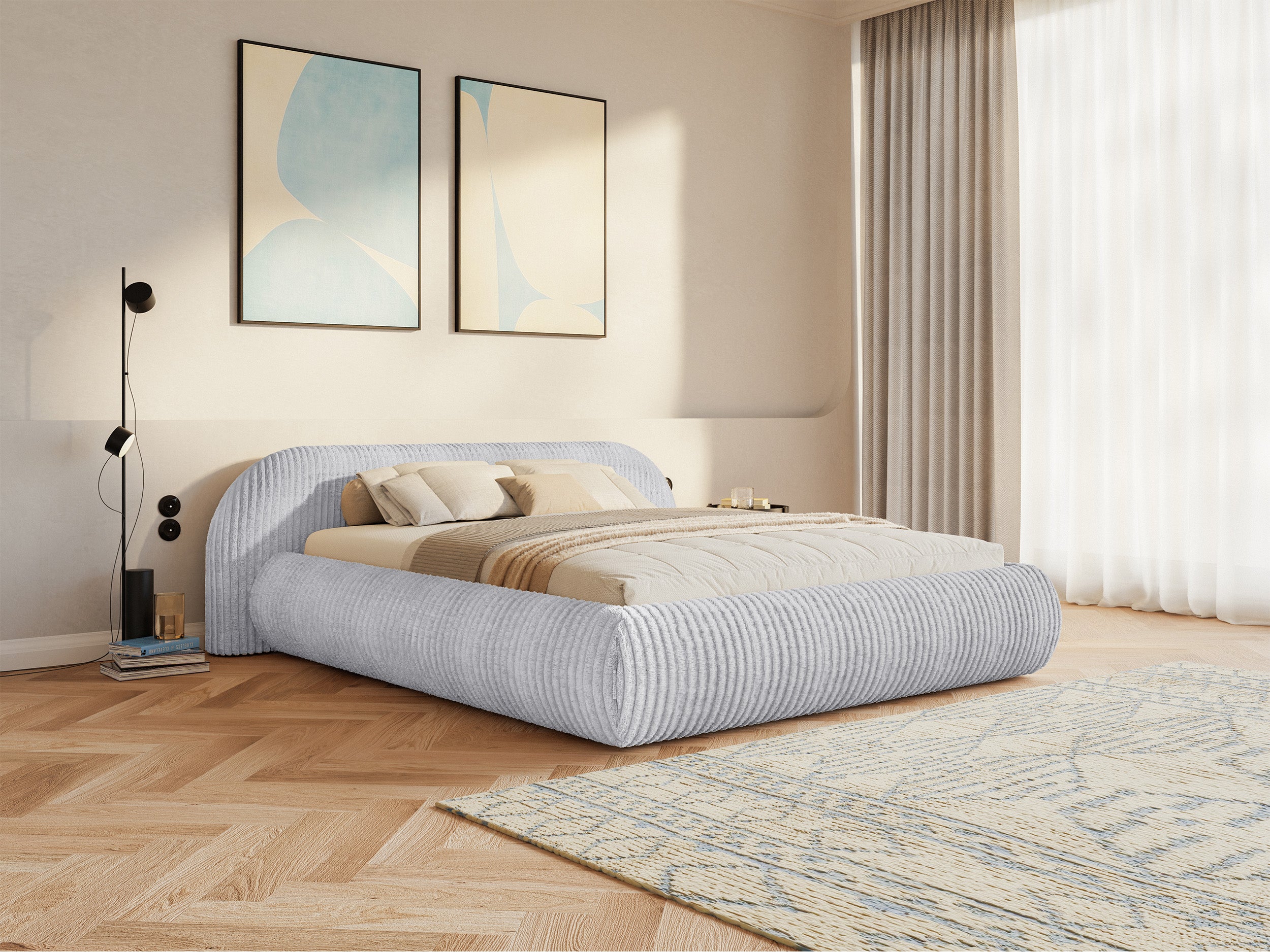 Polsterbett 140x200 cm Shels Low mit Stauraum, Metallrahmen, grauer dicker Cordstoff