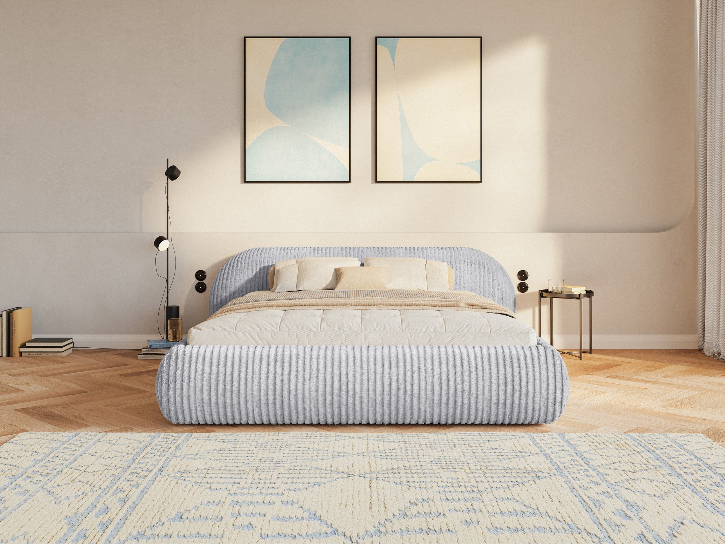 Polsterbett 140x200 cm Shels Low mit Stauraum, Metallrahmen, grauer dicker Cordstoff