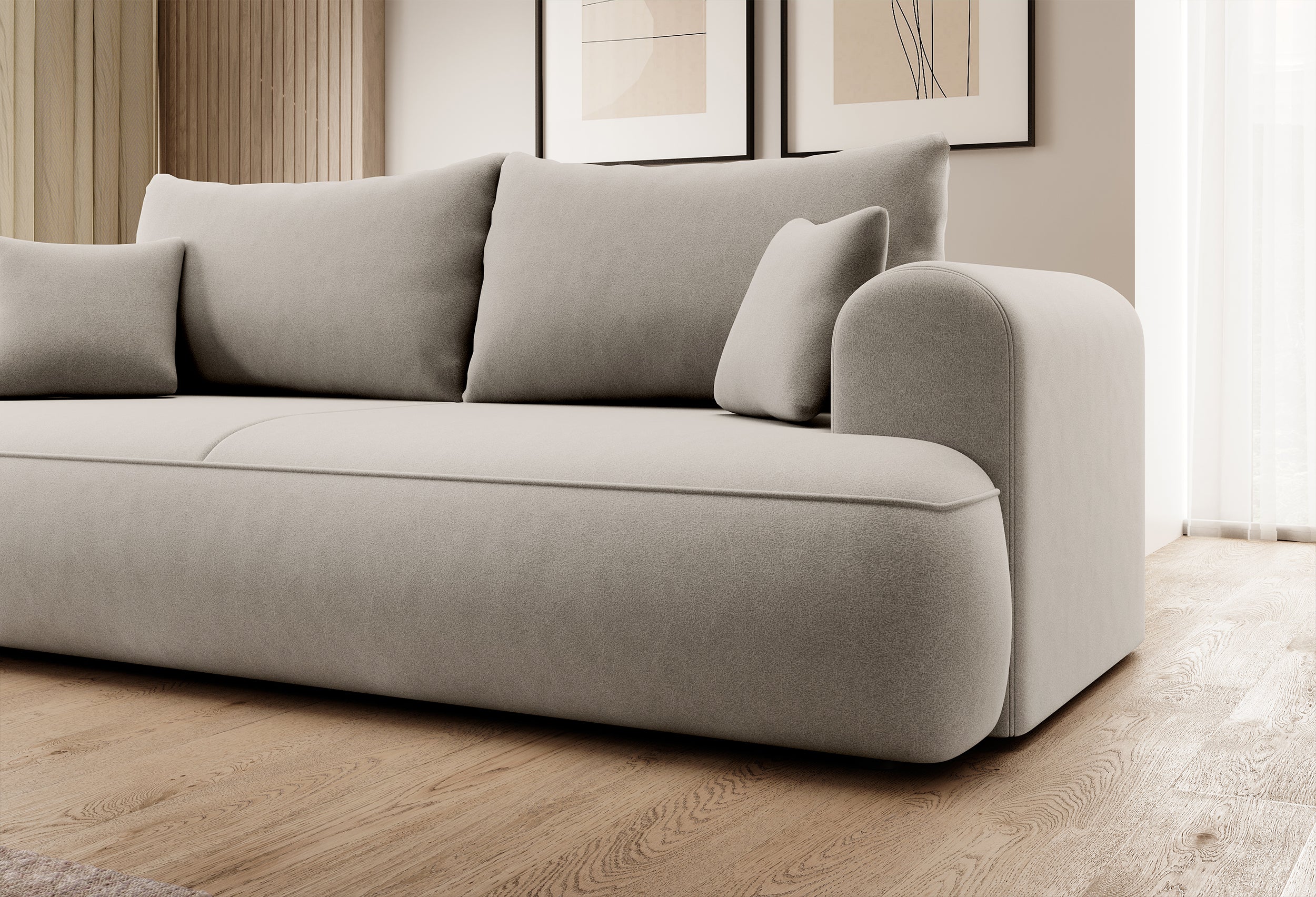 Dreisitziges ausziehbares Sofa Ovo mit Stauraum, cremefarbener Samt aus leicht zu reinigendem Stoff