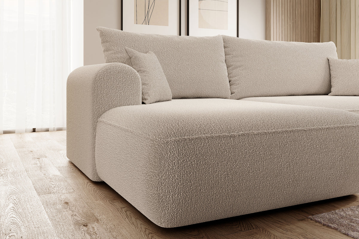 Ecksofa mit Schlafunktion Ovo, L-förmig, beige mit Stauraum, Bouclé, linksseitig
