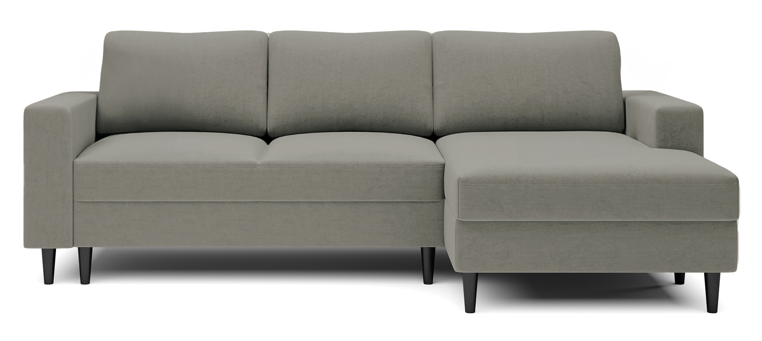 Ecksofa mit Schlafunktion Nalika, L-förmig, mit Stauraum, dunkelbeiger, wasserabweisender Samt, rechtsseitig