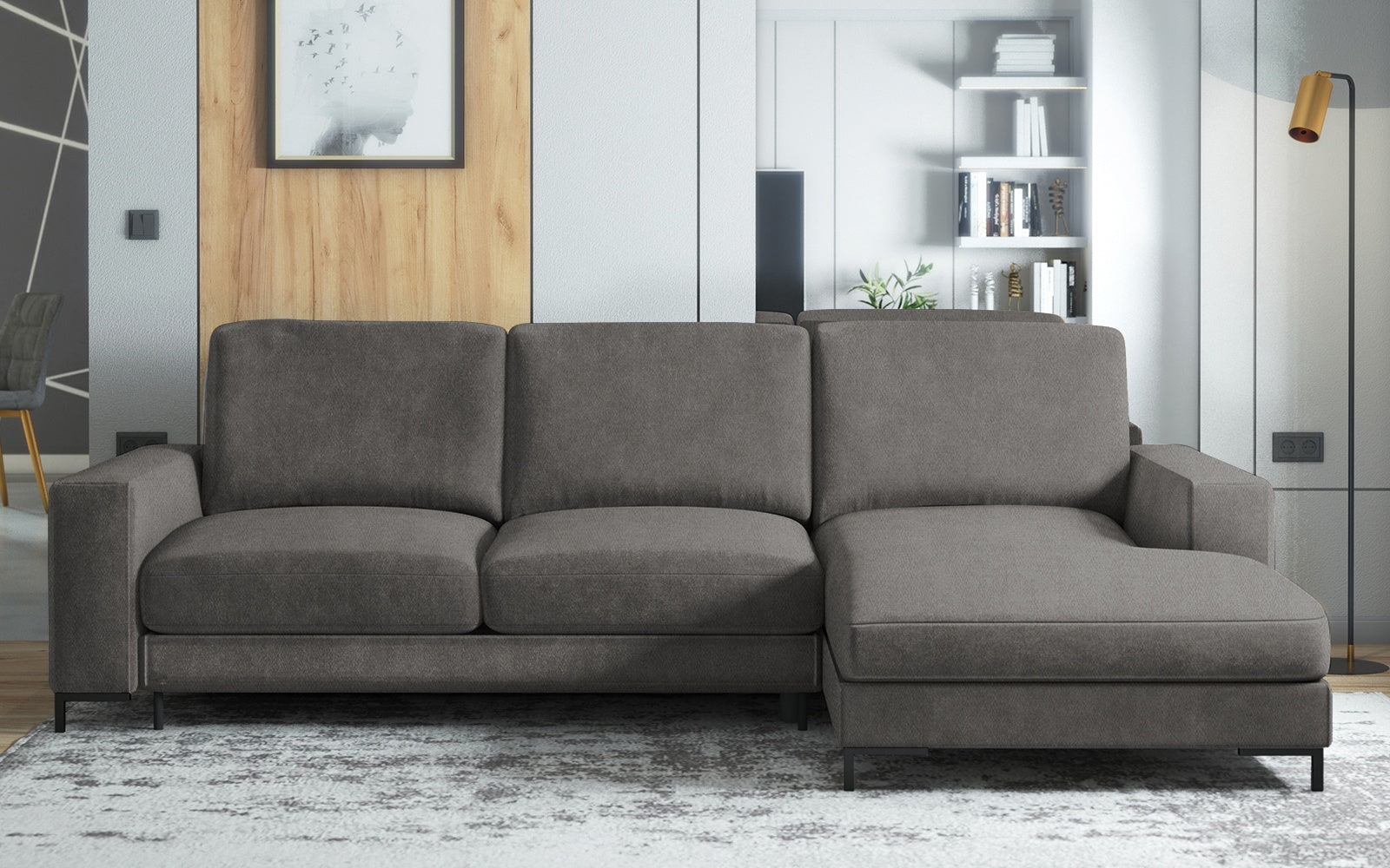Ecksofa mit Schlaffunktion Mokpeo, L-förmig, mit zwei Stauraumfächern, schwarzen Füßen, dunkelgrau, aus pflegeleichtem Stoff, rechtsseitig