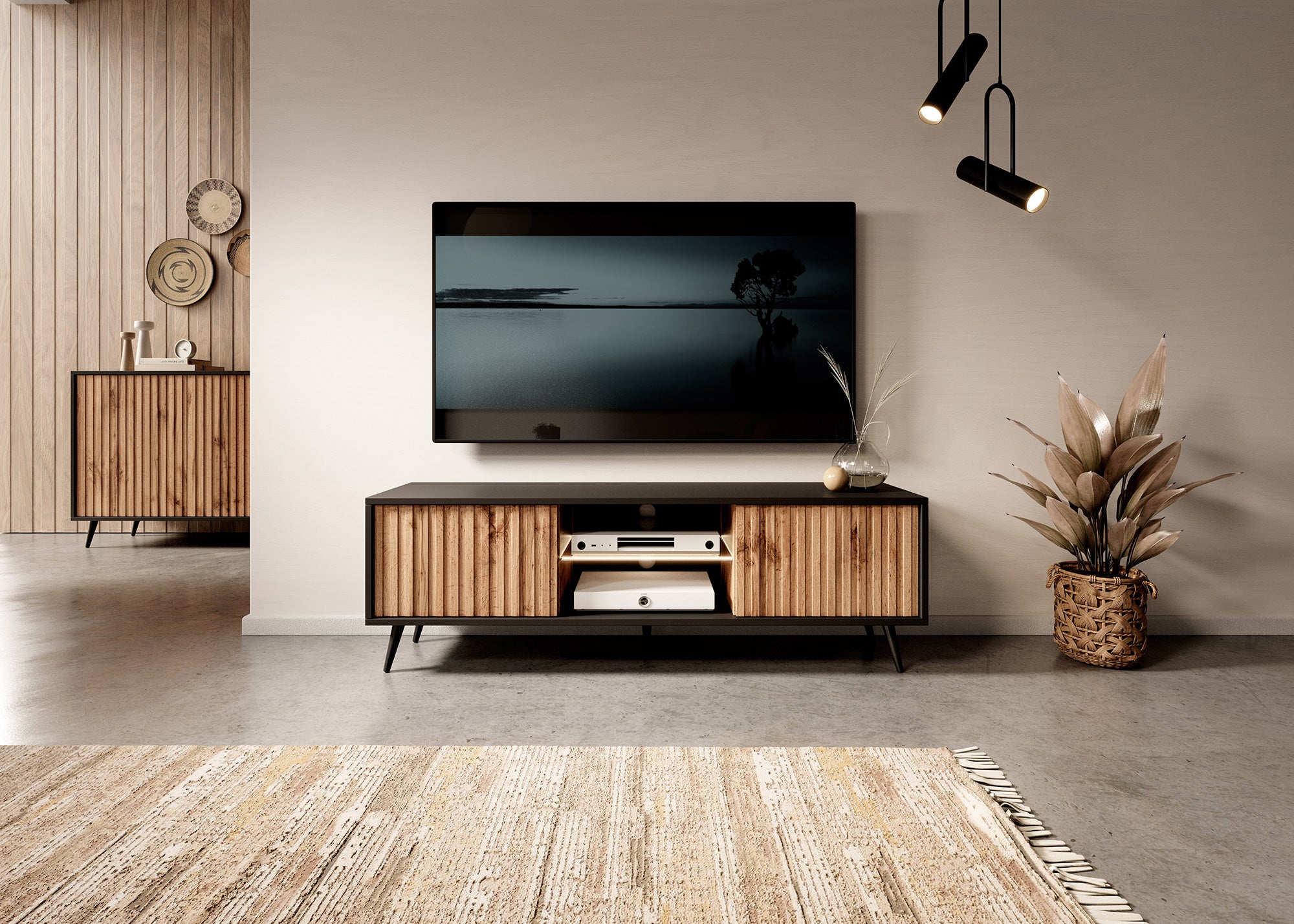 TV-Schrank Bello mit Lamellenfronten 135 cm schwarz/Wotaneiche mit LED