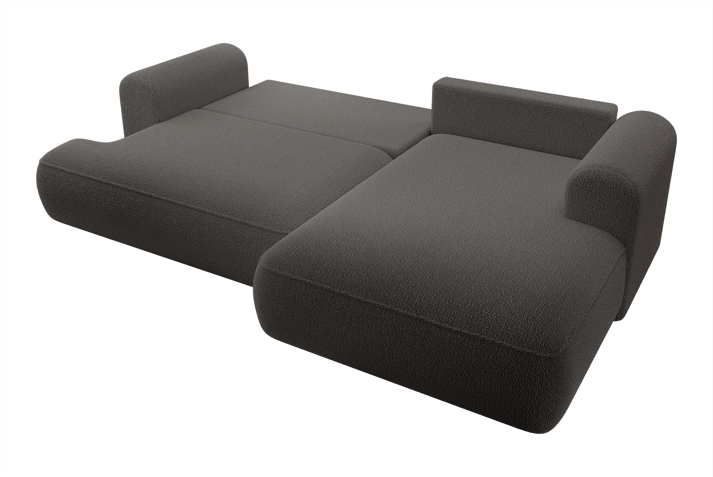 Ecksofa mit Schlaffunktion Ovo, L-förmig, dunkelgrau mit Stauraum, Bouclé, rechtsseitig