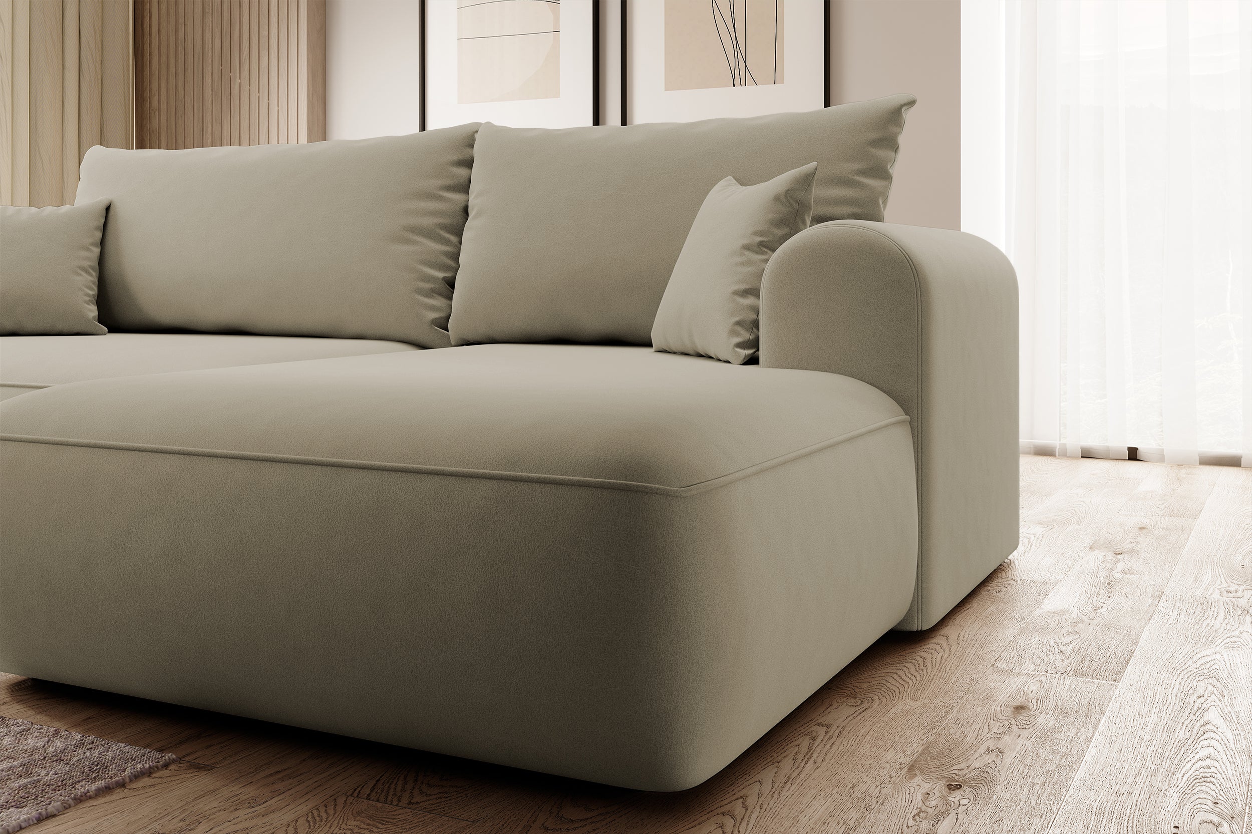 Ecksofa mit Schlaffunktion Ovo, L-förmig, beige Samt, mit Stauraum, aus leicht zu reinigendem Stoff, rechtsseitig