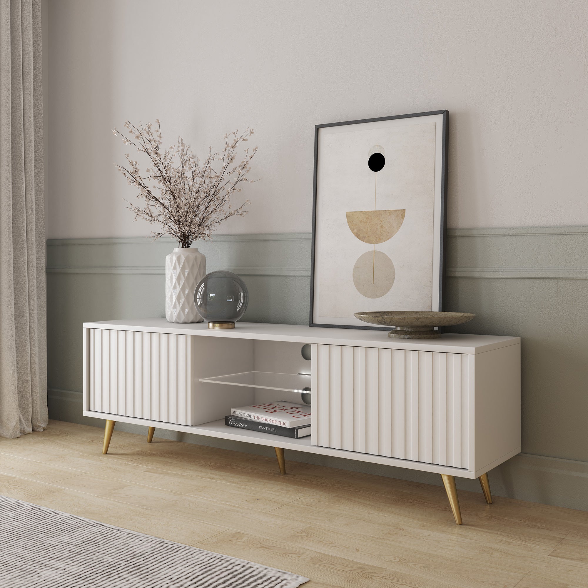 TV-Schrank Bello mit Lamellenfronten, 135 cm, weiß mit goldenen Beinen