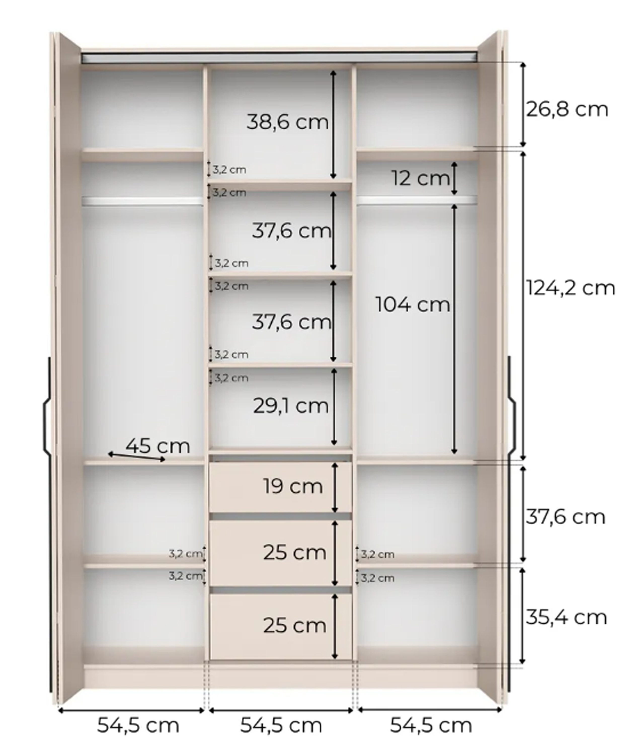 Zweiturige Bari-Garderobe mit drei Schubladen, 170 cm, Artisan-Eiche